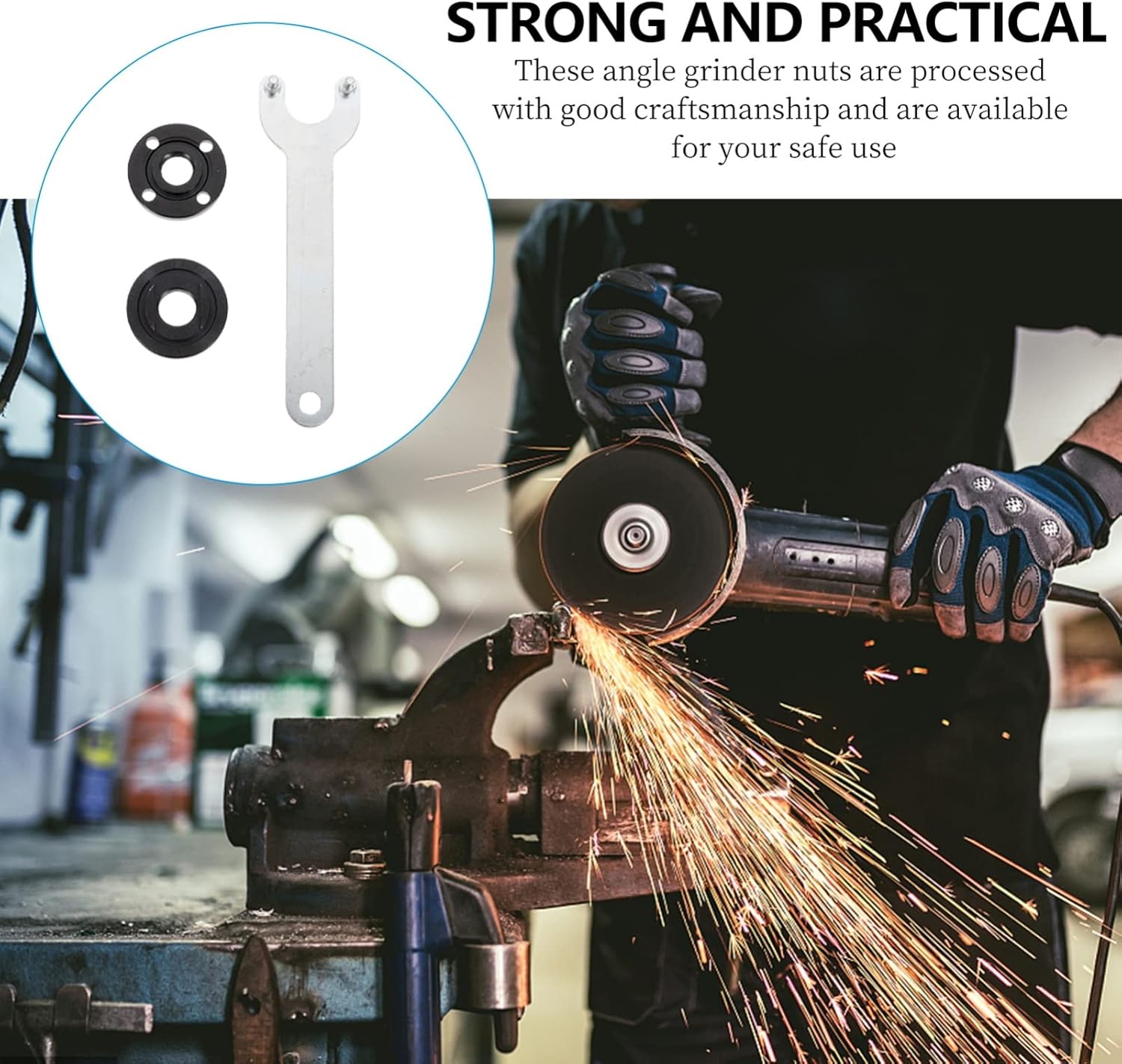 Person using an angle grinder with the wrench and nuts shown in an inset