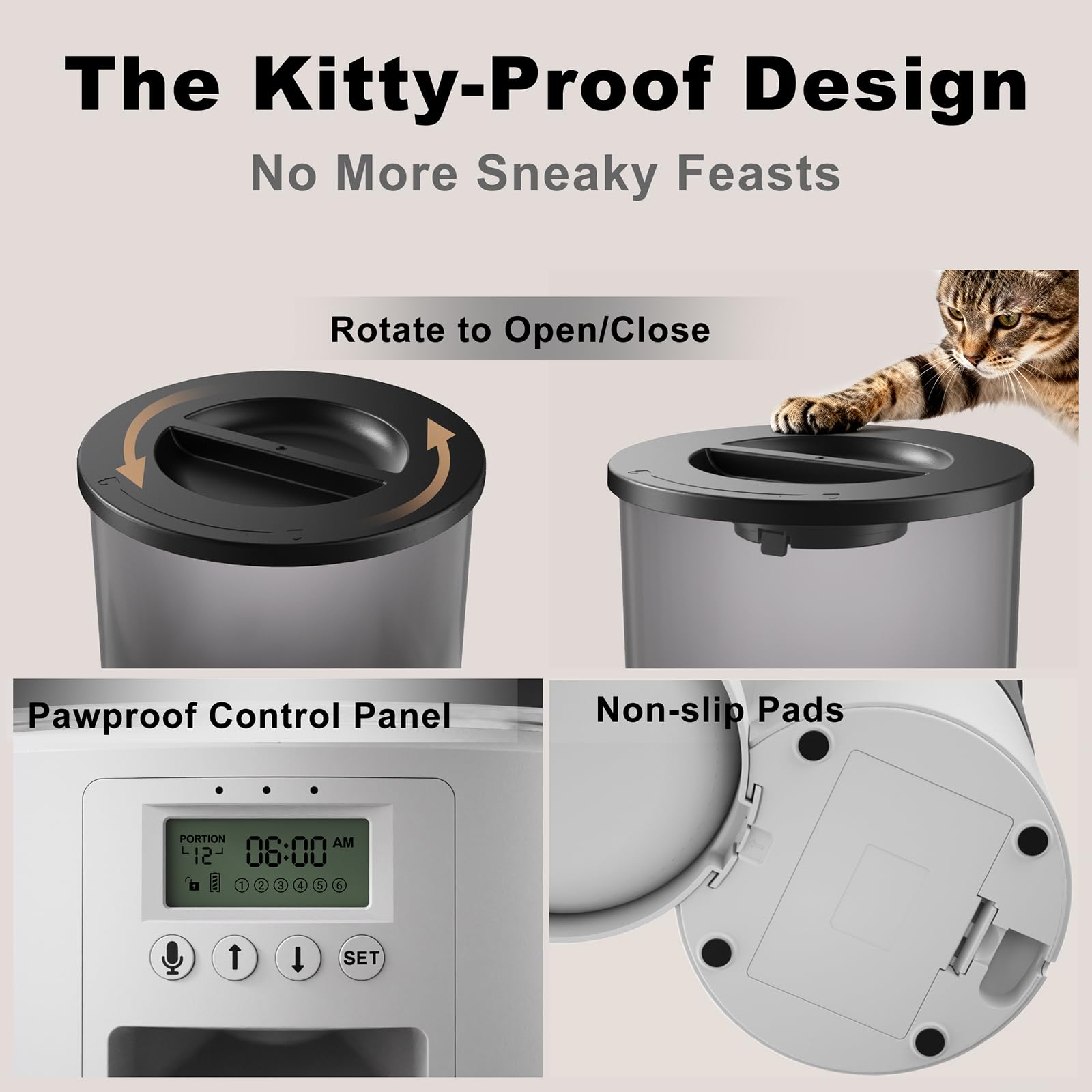 4.2L Automatic Cat Feeder,6 Meals/Day,Dual Power,Dry Pet Food Autofeeder Portion Control,Timer Setting,10S Voice Record (Transparent White, Stainless Steel Bowl) - image 3