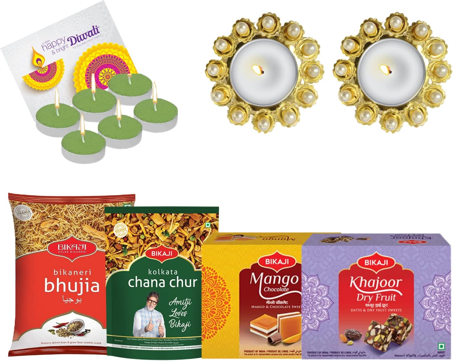 Diwali Gift Combos - Bikaji - Bhujiya 400 Gm - Kolkata Chana Chur 400 Gm - Mango Choclate Burfee 500 Gm - Khajoor Burfee 500 Gm - Tea Light Holder Tea Light Candle Greeting