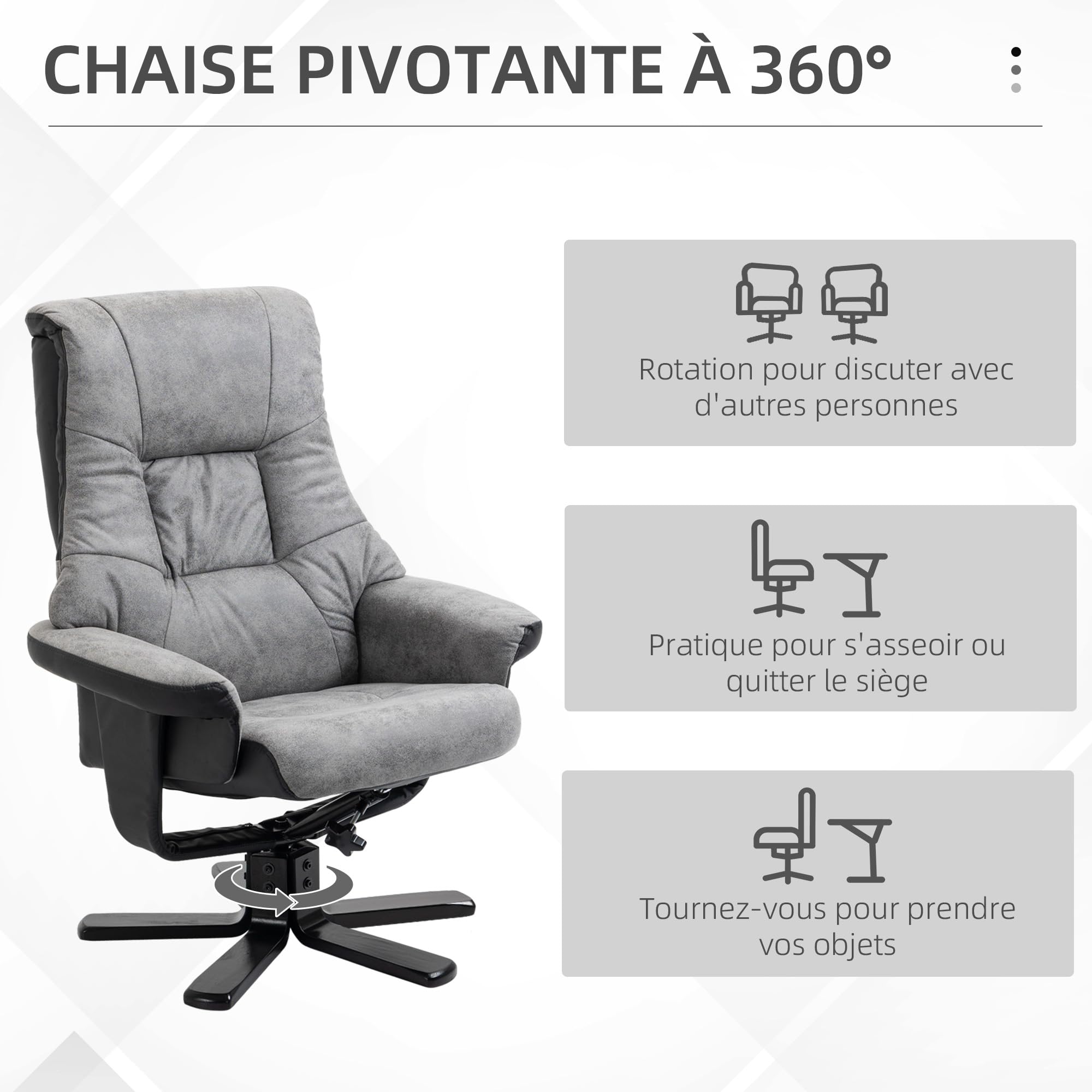 HOMCOM Fauteuil Relax Fauteuil de Relaxation inclinable 135° avec Repose-Pieds pivotant 360° revêtement Microfibre Pieds en Bois Massif Assise épais rembourrée Gris
