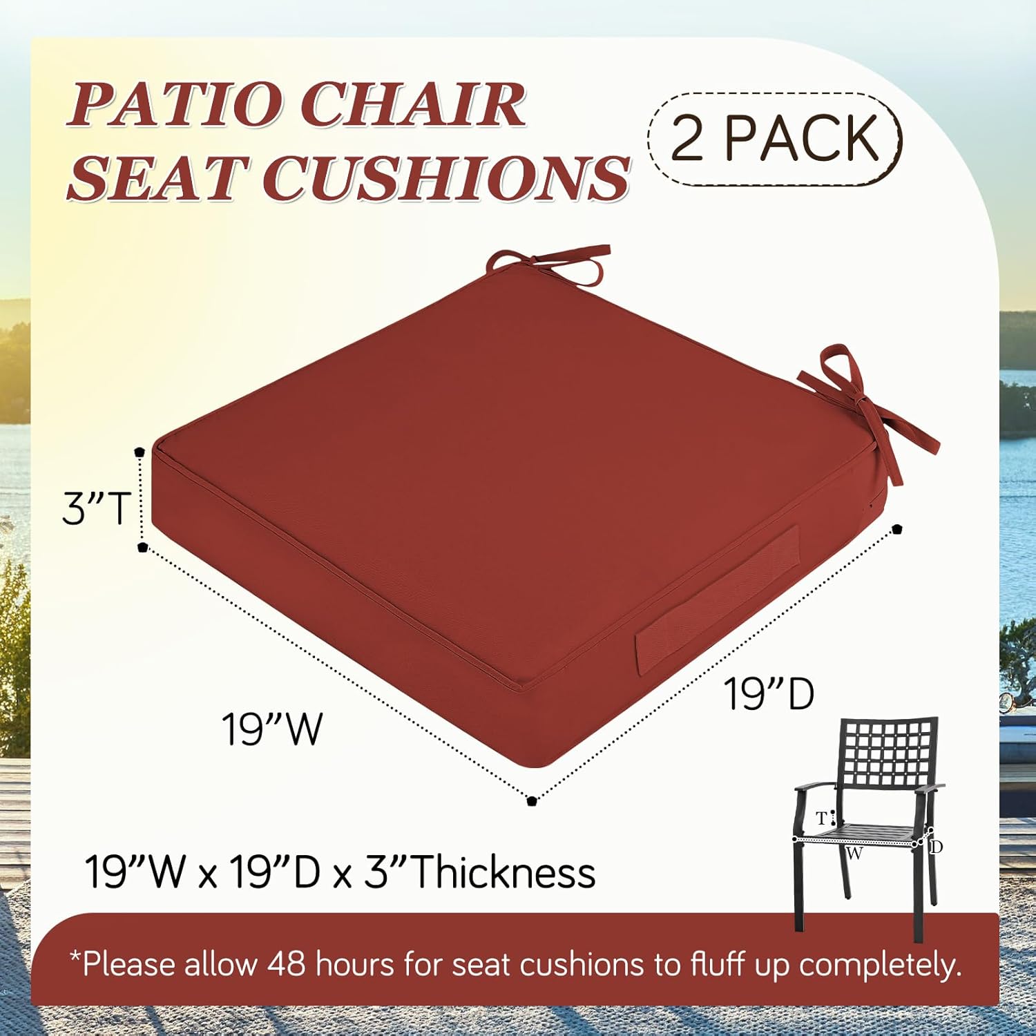 Waterproof Outdoor Chair Cushions Set of 2, Square Outdoor Seat Cushions with Ties and Removable Covers, 19 x 19 Outdoor Cushions for Patio Furniture with Portable Handle(Rust)