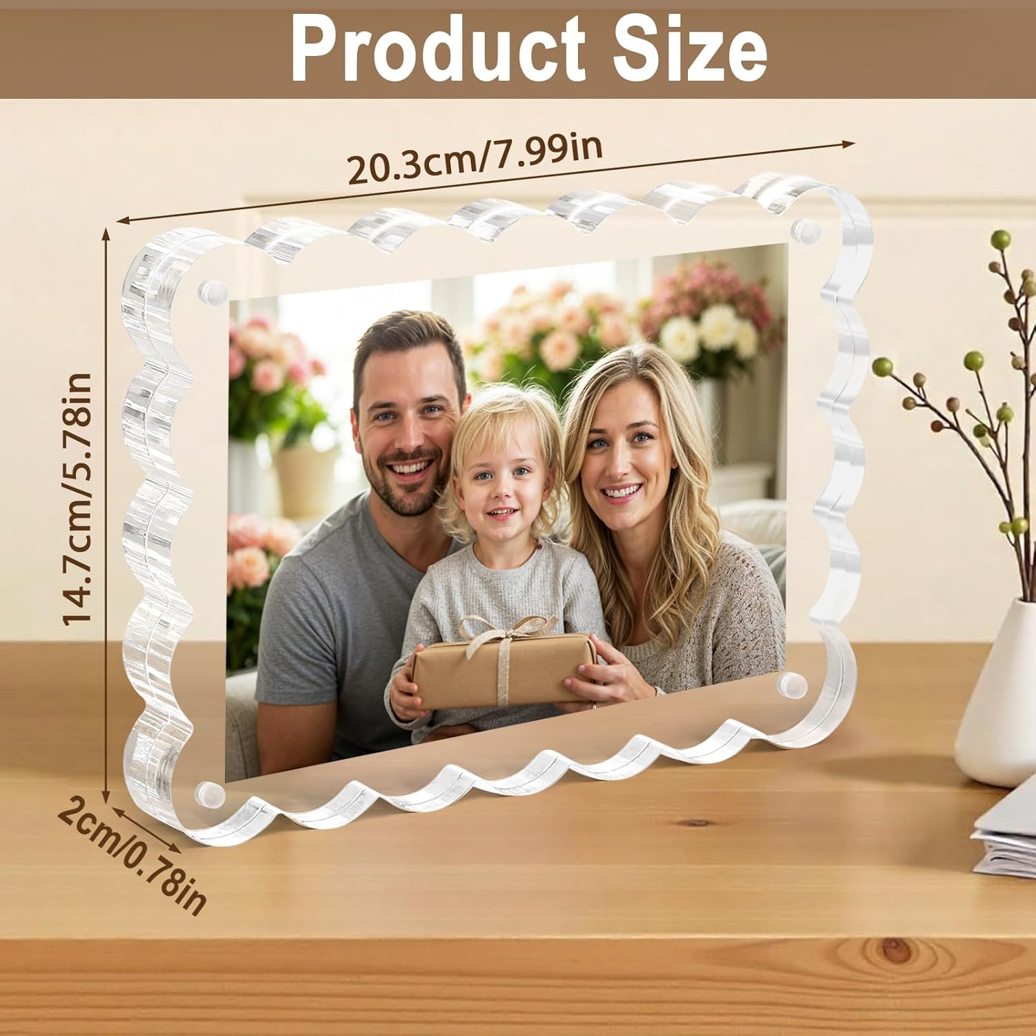 5 Pack Acrylic Picture Frame Horizontal Magnet Double Sided 5 * 7 Magnetic Scalloped Photo Frames 10+10MM Thick Clear Frameless Desktop Display