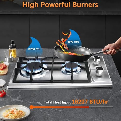 Miniatura 2 de Placa de cocina de propano de 2 quemadores, estufa de gas de acero inoxidable de 12 pulgadas para combustible dual GLPNG, quemador de gas portátil