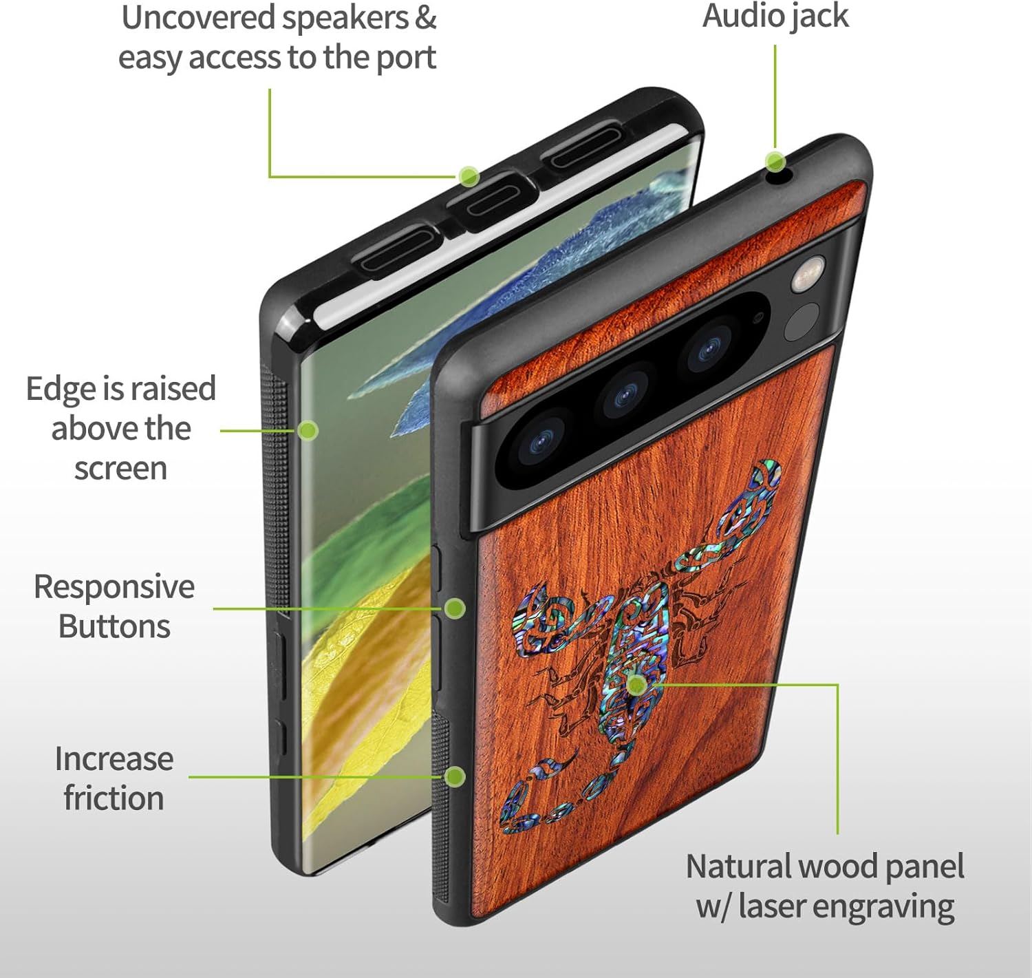 Carveit Designer Wooden Case for Google Pixel 8 Pro Case Cover [Wood Engraving & Shell Inlay] Compatible with Wireless Chargers Pixel 8 Pro (Scorpion Tribal-Rosy)