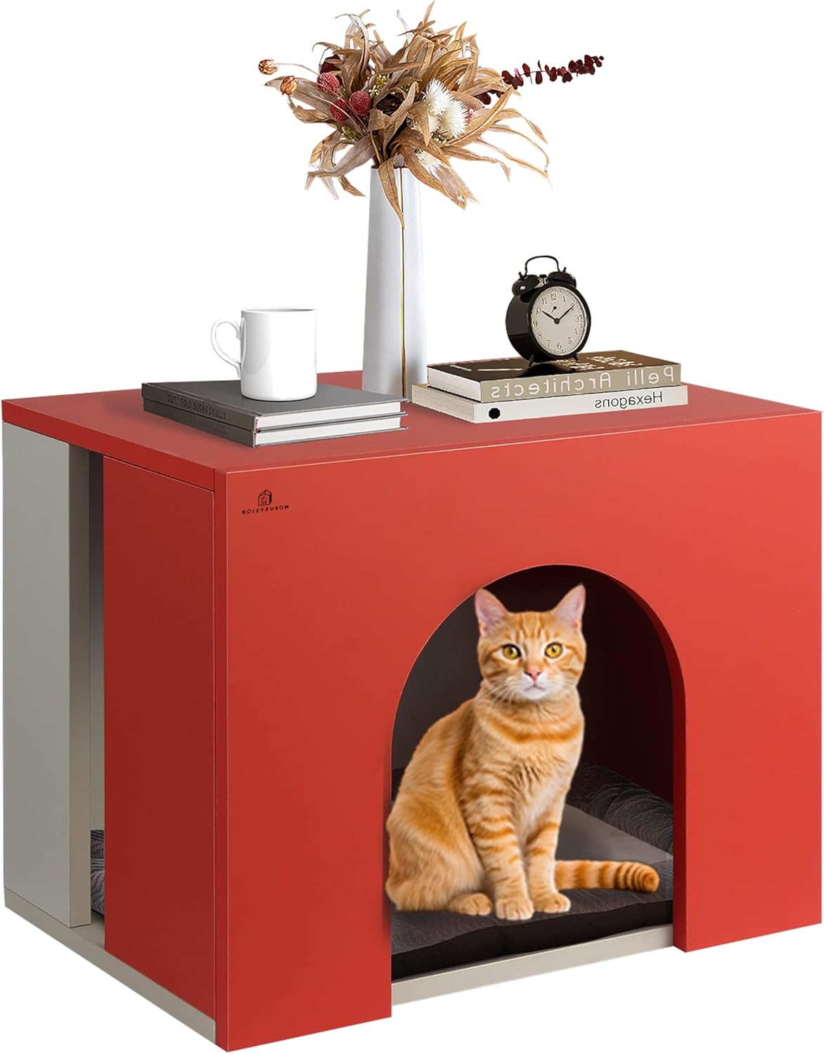 Cat Box Enclosure Aluminum Pet Side Table Litter Cabinet for Living Room, Bedroom and Hallway, Cat Stylish Hidden Shelter, Red Door