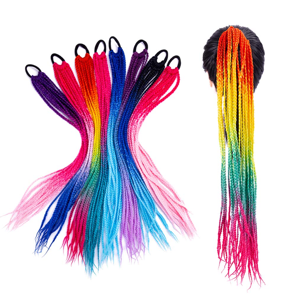 12 Strands/Pcs Ponytail With Rubber Band Ring Braiding Hair Extensions 24" Ombre Colorful Pink Blue Synthetic Box Braid Ponytail 3PC B45#