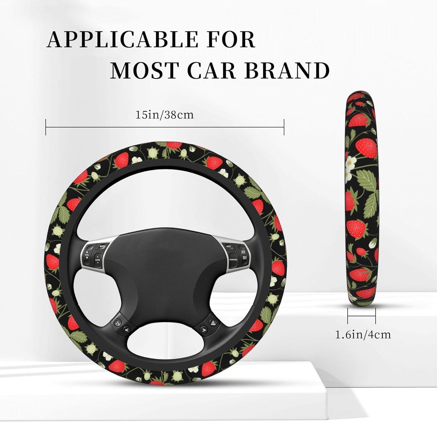 Strawberry Flowers Car Steering Wheel Cover, Non-Slip Absorbing Sweat Car Wheel Cover Accessories for Men Women,Universal 15" Fit Auto SUV Vans Trucks - Image 2
