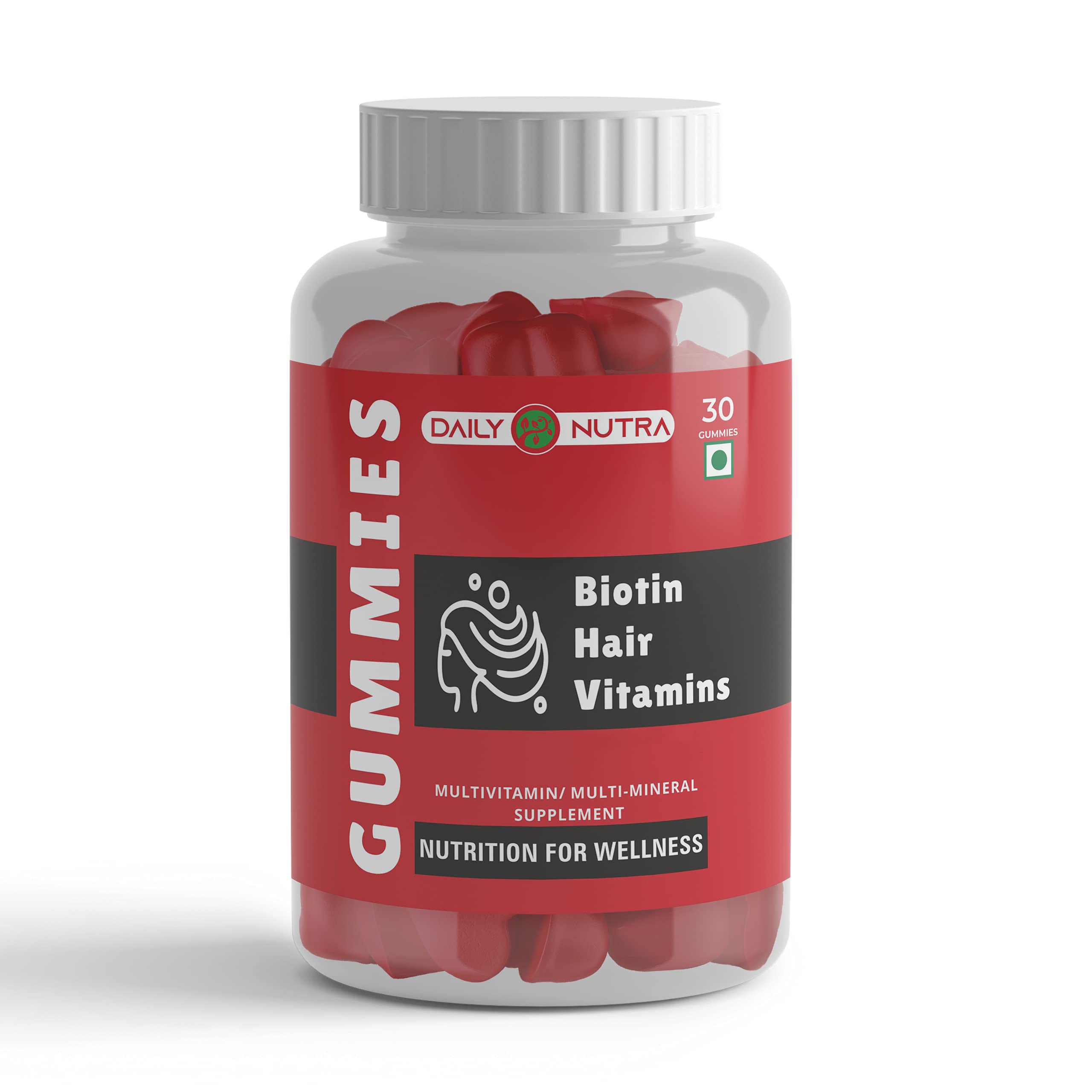 DAILY NUTRA Biotin Vitamin C, E & Zinc Support Hair & Beard Growth, Skin Glow & Longer Nails - 30 Veg Gummies (Strawberry Flavour)