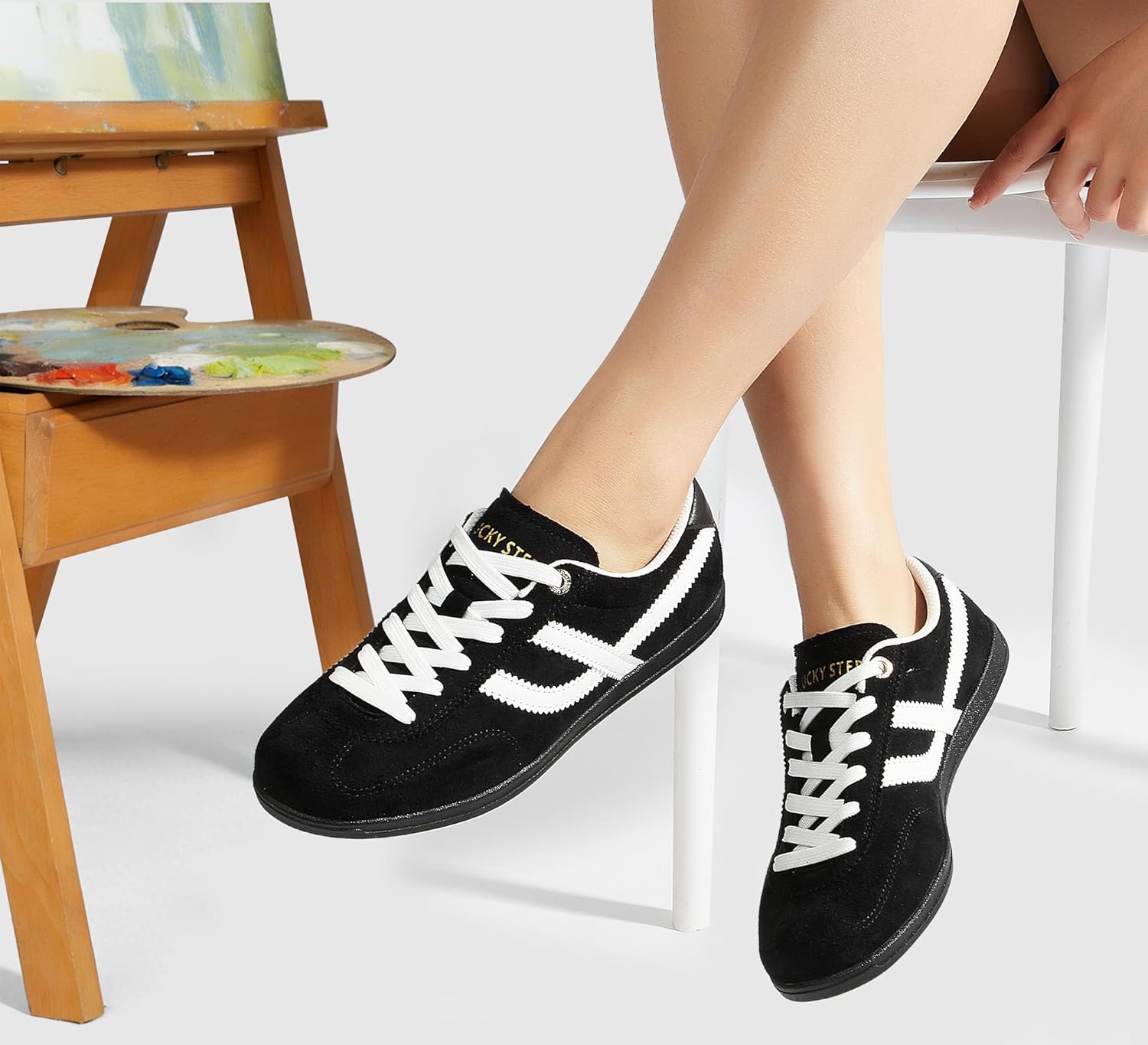 LUCKY STEP Women's Classic Retro Sneakers Casual Fashion Gum Sole Trainer Cow Suede Running Walking Shoes