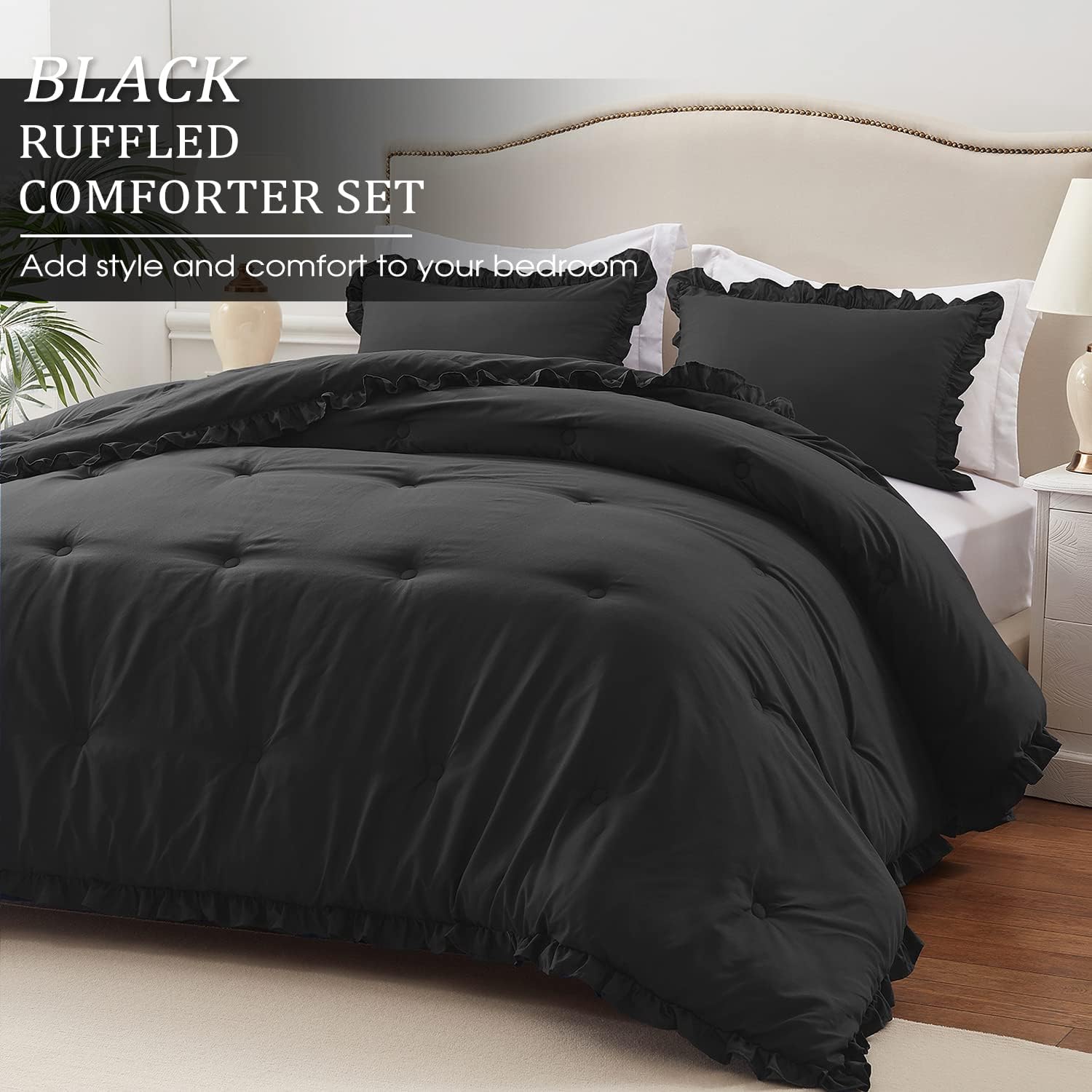 HARBOREST Twin Comforter Set- Lightweight 2 Pieces Twin Bed Comforter Set - Black Ruffle Bed Set Vintage Farmhouse Soft Comforter Set Twin with 1 Pillow Sham(Twin/Twin XL, 66x92 inches, Black)