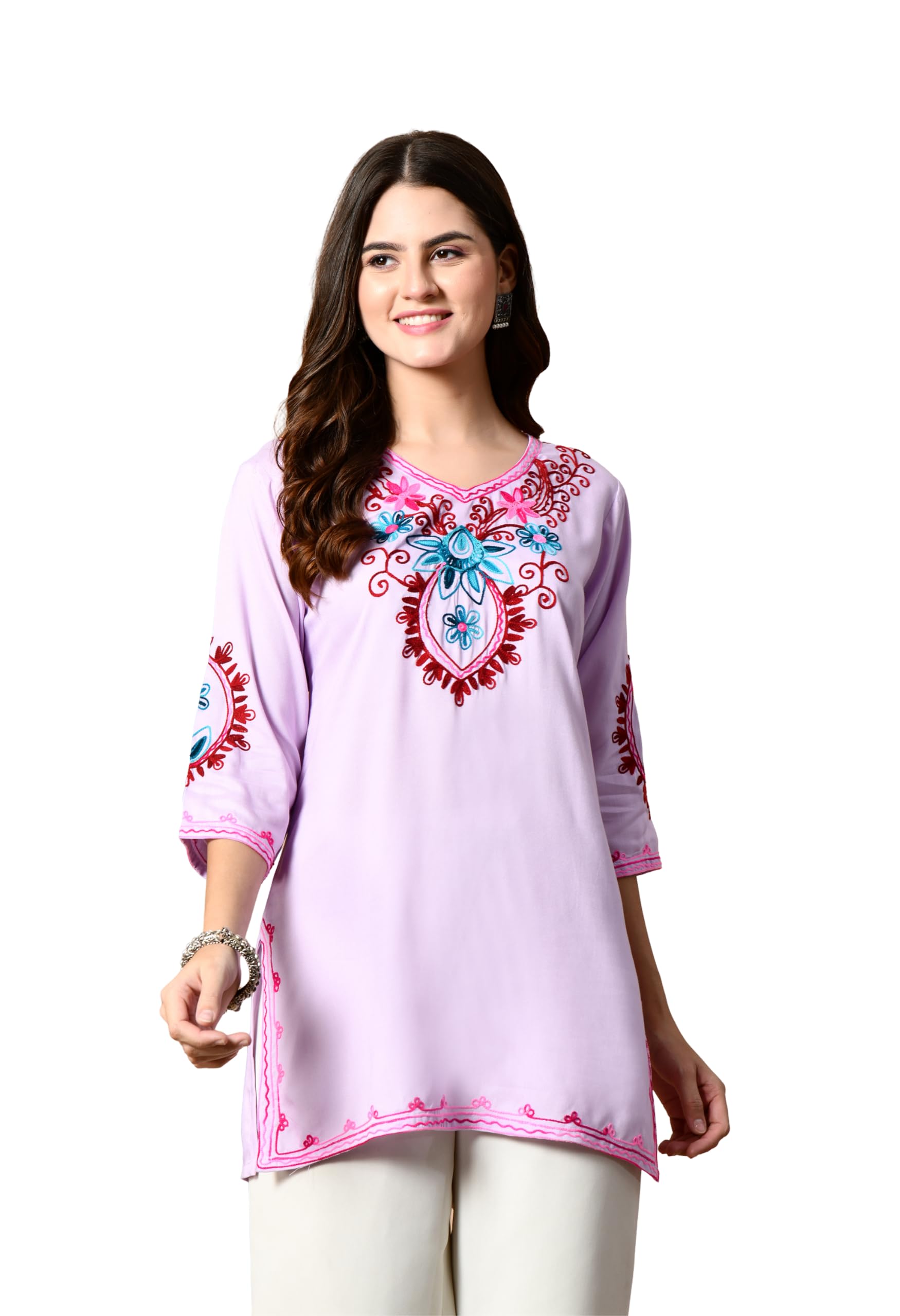 LIBOZA Embroidered Kashmiri Tunic Top, Short Kurti for Women on Jeans, V-Neck, 3/4 Sleeve, Floral Design,