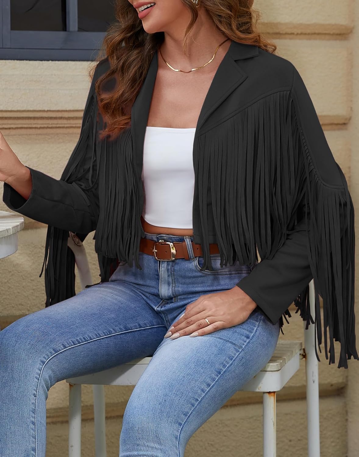 American Trends Womens Casual Faux Leather Jacket Fringe Tops Tassel Suede Cropped Coats Motorcycle Jacket - Image 4