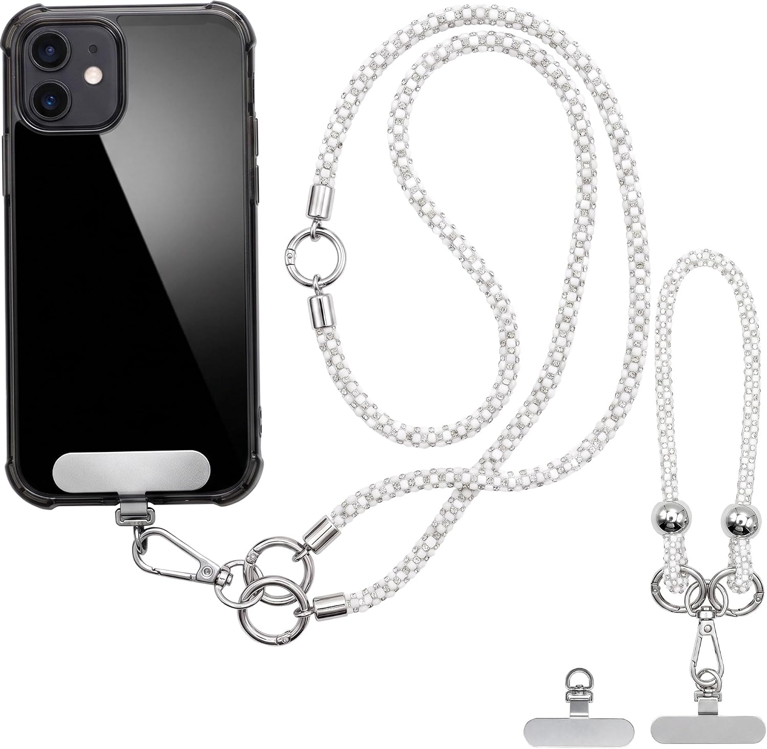 Crystal Phone Lanyard Crossbody and Wrist Strap Set for Women,White