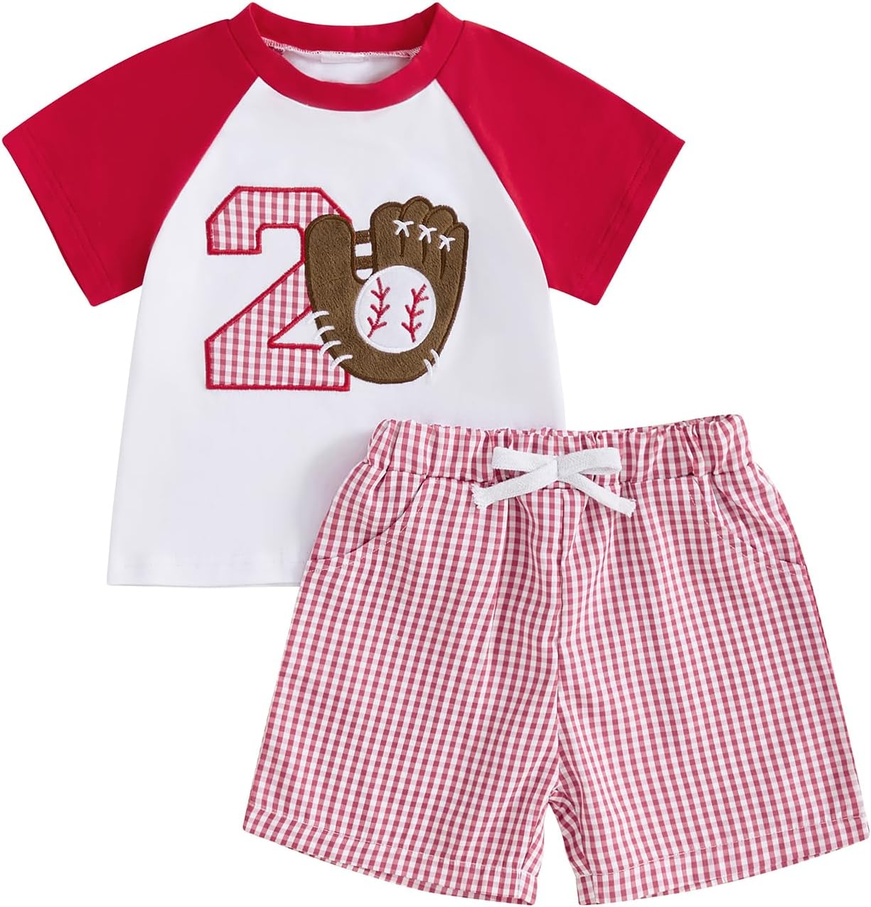 Kayotuas Baby Boy Summer Clothes Toddler Baseball Outfit 1st/2nd Birthday Outfits Applique T-Shirt Top and Gingham Shorts Set