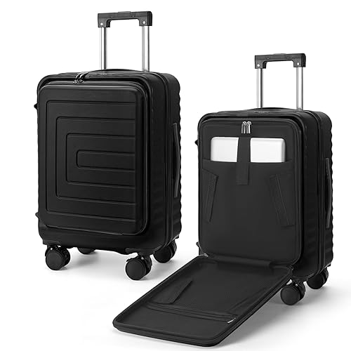 Lubardy Carry On Luggage for Airplanes, 20 Inch Expandable Suitcases for Travelling, PC Hardside Carry On Suitcase with Spinner Wheels, USB Charging Port, TSA Lock, Phone Holder, Black - Black