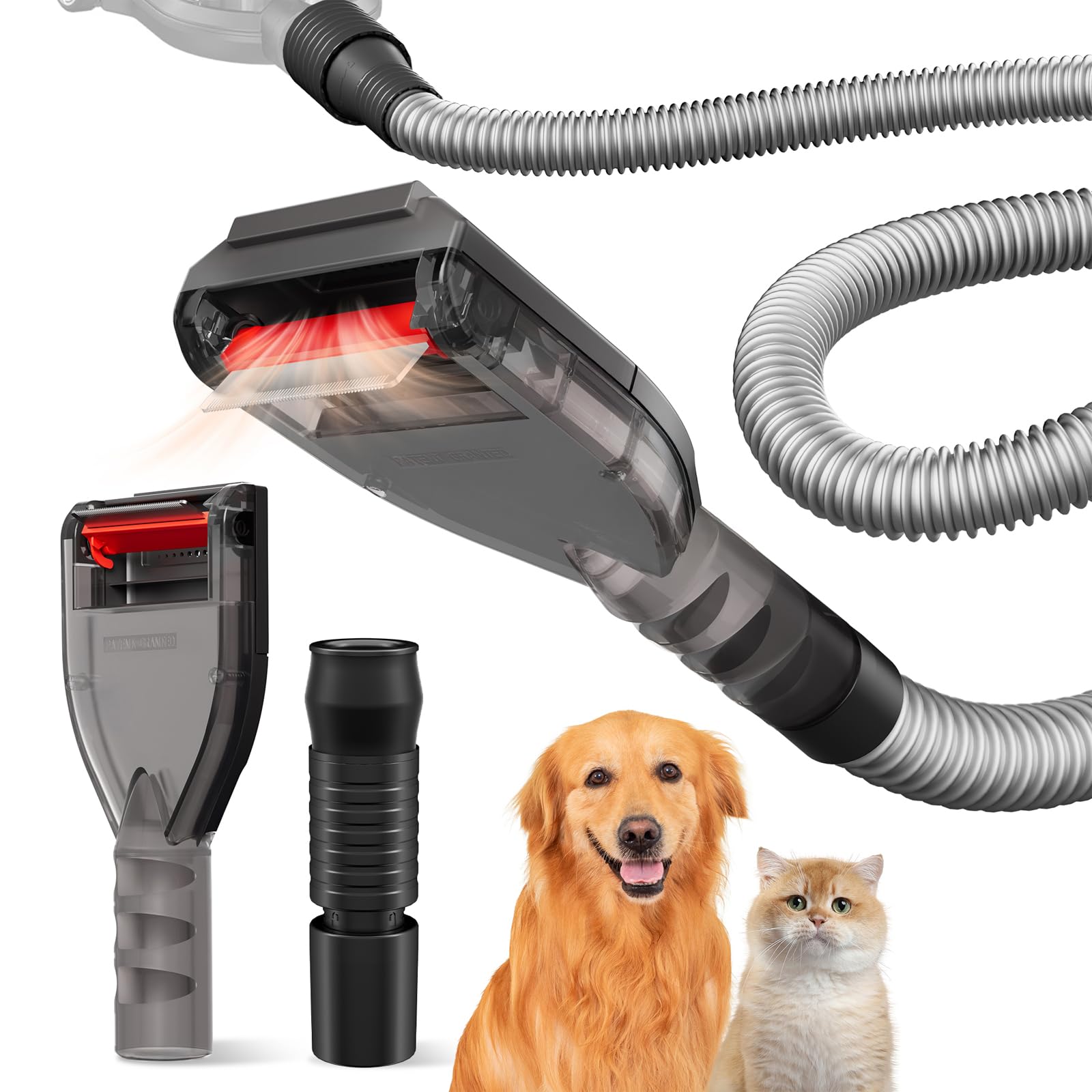 Dog Brush Vacuum Attachment for 1" to 1 3/4" Round Vacuum Cleaner Hose Handle, Dog Hair Shedding Grooming Tool Kit with Universal Adapters, Pet Undercoat Deshedding Comb Extension Hose Adaptors