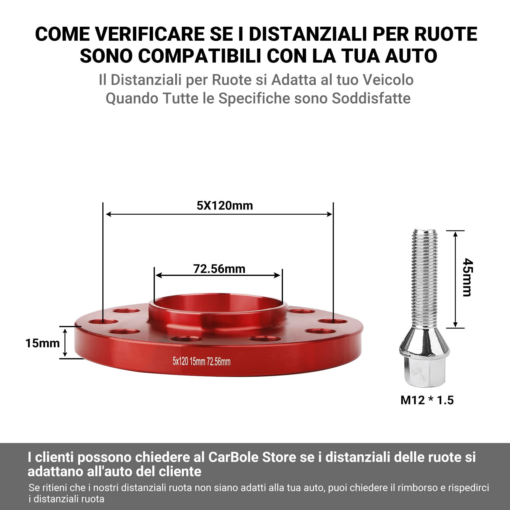 CarBole Distanziali ruote 5x120mm & 15mm con bullone:M12x1.5 | NLB: 72,56 mm, Compatibile con BMW ecc. (2 Pezzi | Rosso | Numero di Fori 10)