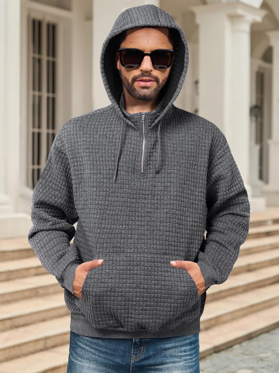 Auxo Mens Quarter Zip Pullover Fashion Quilted Hoodies Long Sleeve hooded Sweatshirt with Pocket - Image 3
