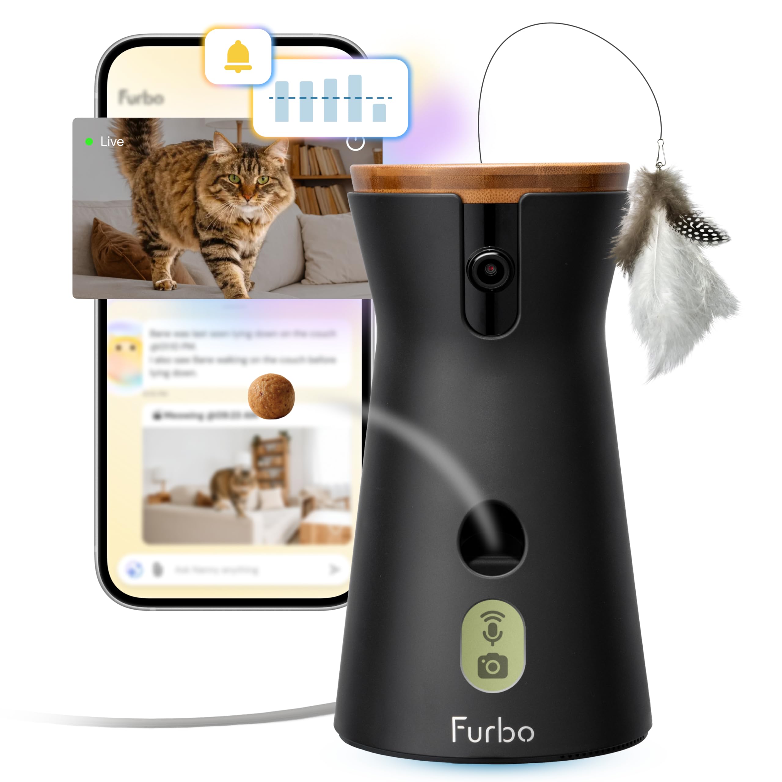 Furbo 360° Katzenkamera mit Heimsicherheits-Paket [Premium MIT ABO]: Intelligente Kamera mit App für Katze & Heim, Rotierende 360° Sicht, Farbnachtsicht, Tracking, Leckerliwurf, Miauen-Alarm UVM.