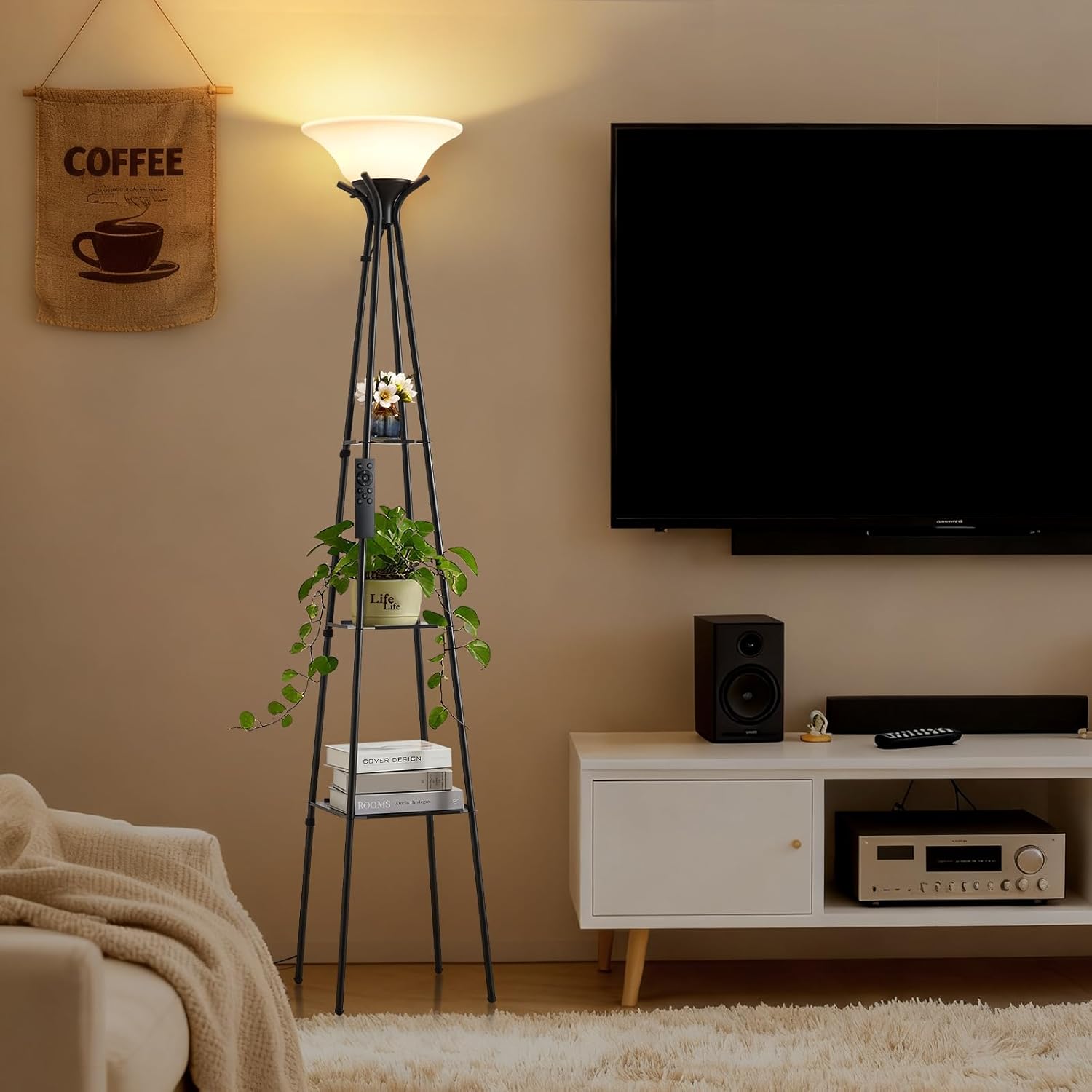 Luvkczc Upgraded Floor Lamp with 3-Tier Shelves & Remote, 69-inch Dimmable Standing Lamp with Adjustable Color Temperatures, Modern Torchiere Floor lamp for Living Room, Bedroom, Office