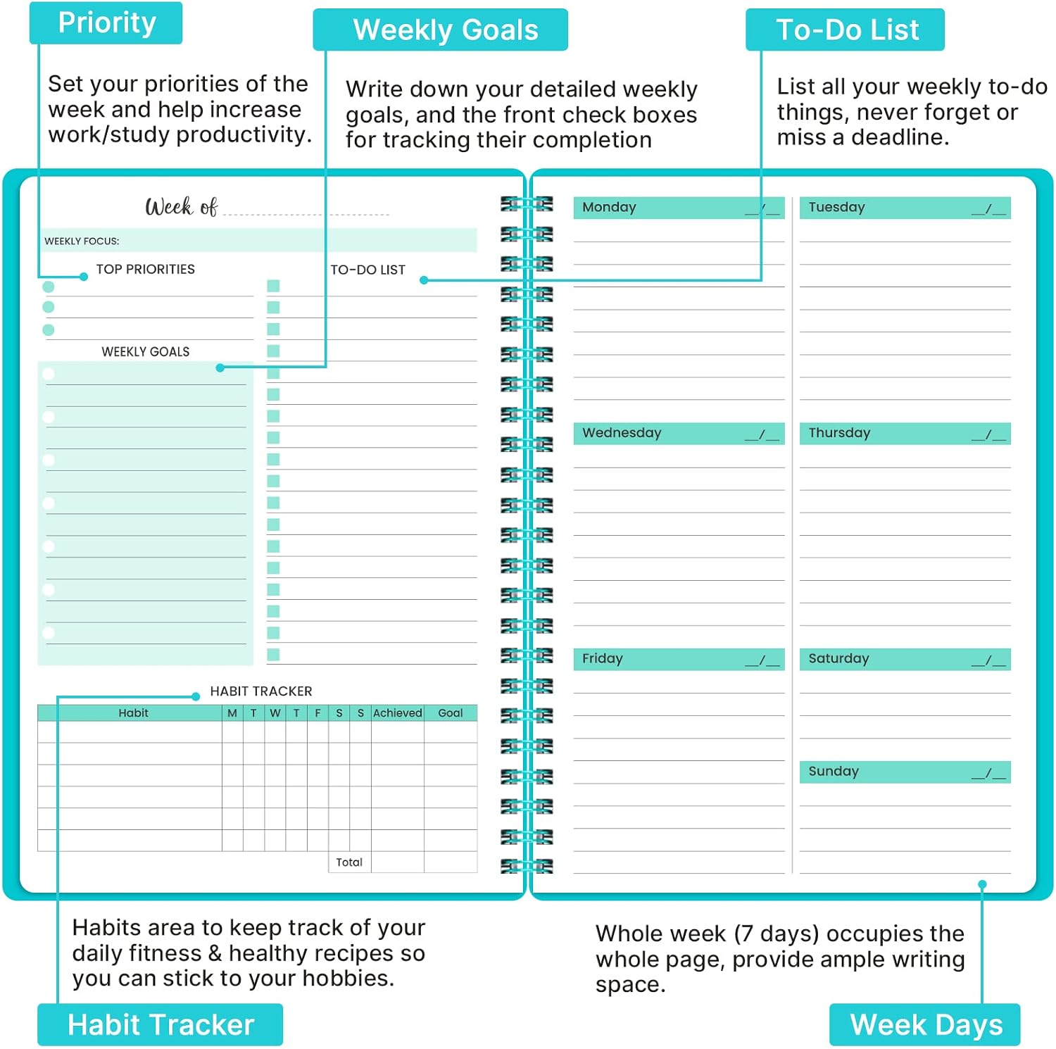 Weekly Planner - Undated Planner, Weekly Goals Schedule Planner, 67 Weeks, 8.35'' x 6.25'', To-do List, Top Priorities, Habit Tracker, Spiral Binding, Inner Pocket, Elastic Closure, Flexible Cover