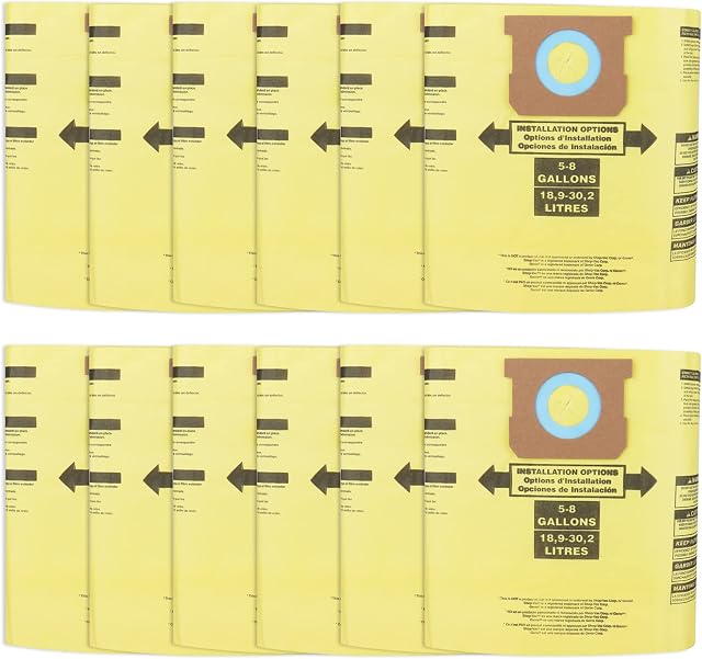 Vacuum Bags for Shop Vac 5-8 Gallon Type E and H - 12 Pack Canister Vacuum Bags Paper Dust Bags for Shop Vac Vacuum Part Type E 90661 906-61 9066100 / Type H 90671 9067100 90661,9066100, 906-61