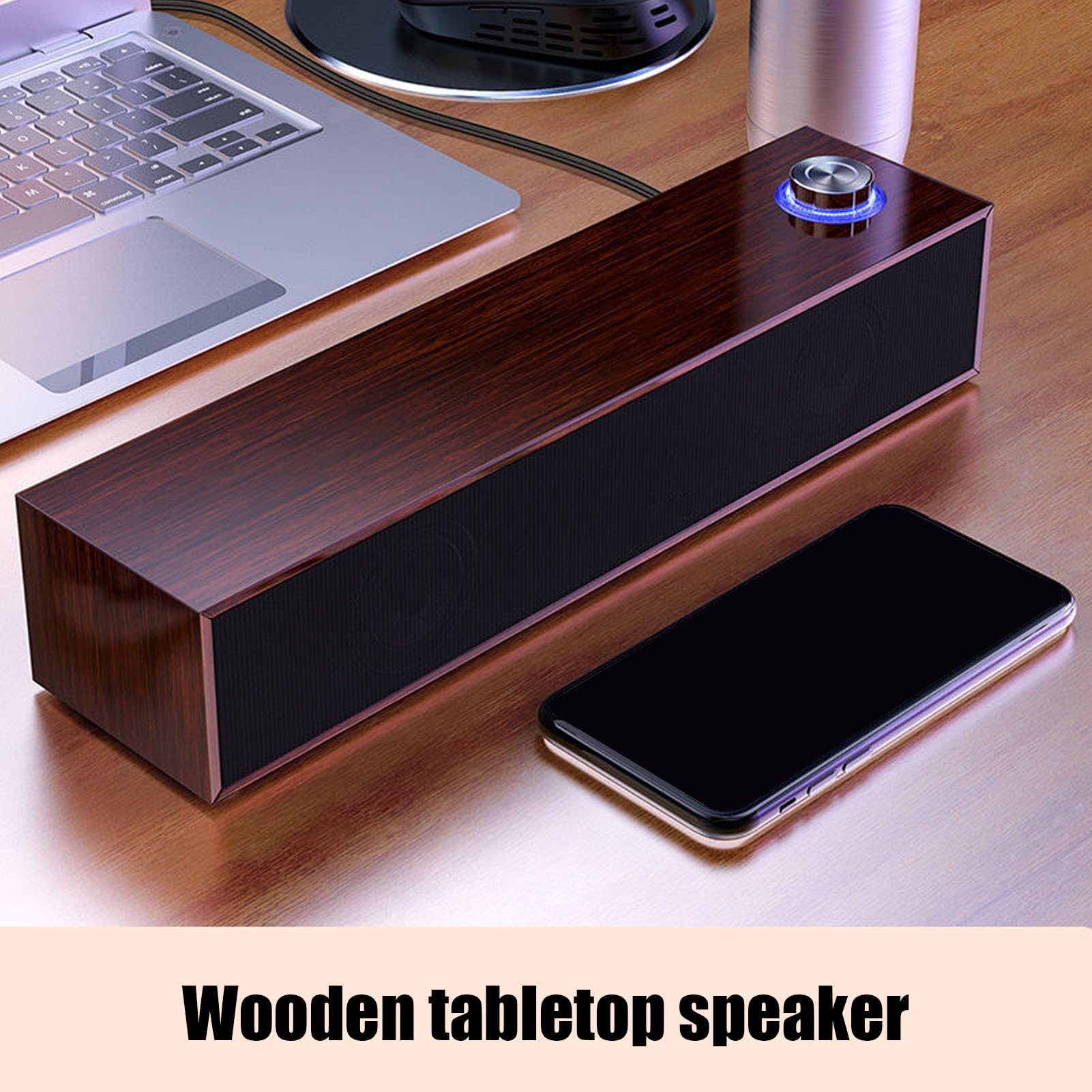 Diyeeni Haut-parleurs D'ordinateur en Bois pour Bureau, Mini Barre de Son avec Son Stéréo, Petits Haut-parleurs PC Alimentés par USB, avec Bouton de Volume, Prise et Port AUX 3,5 Mm,