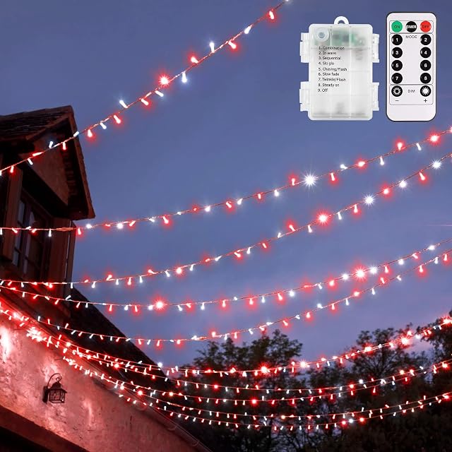 Red White Outdoor Fairy Lights Long 10M Battery Operated Christmas Candy Cane Light String Long 100LEDs Christmas Fairy Lights Indoor Festive Decor Remote Timer for Xmas Tree,Home,Fence,Porch,Backyard