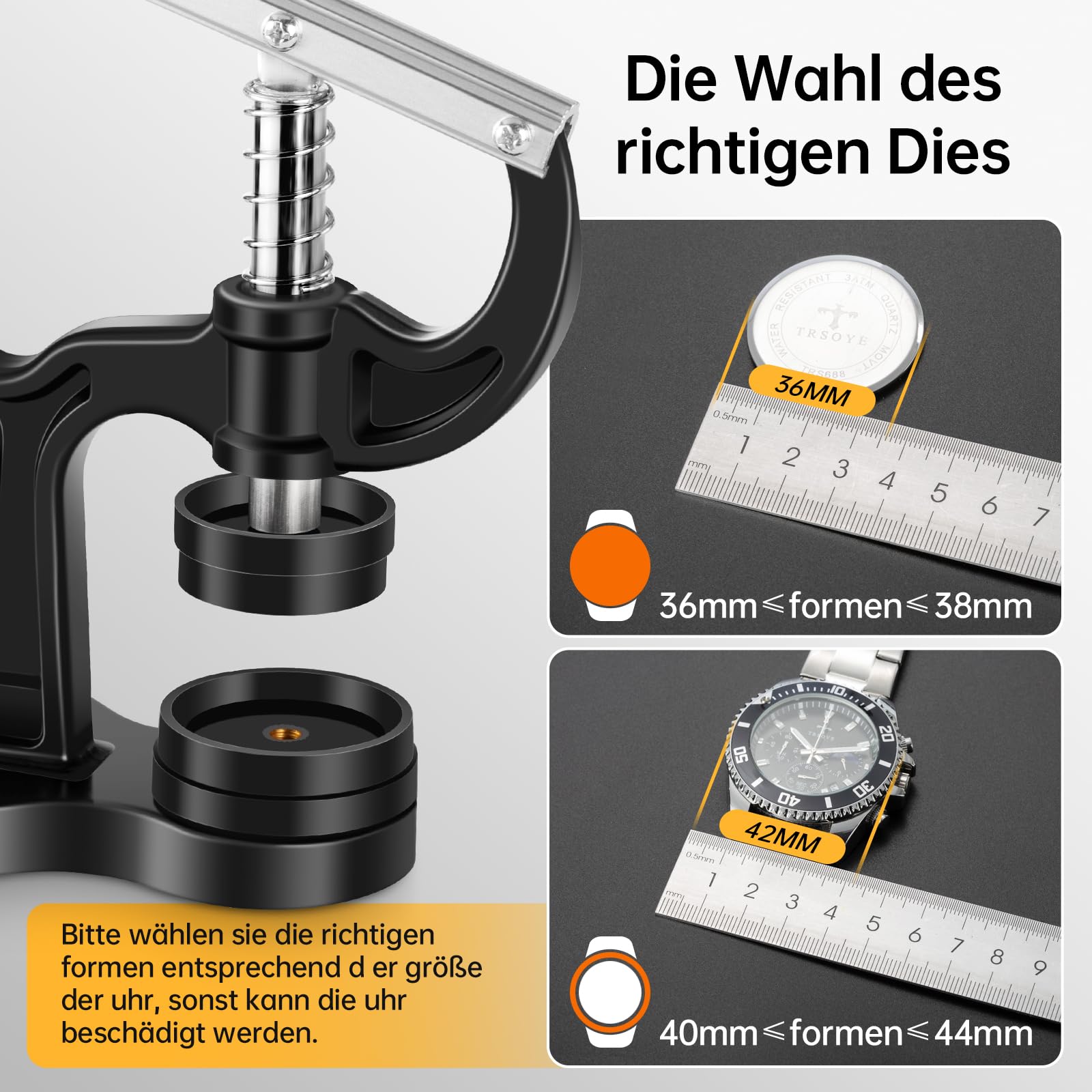 Eventronic Uhr Presse, Uhren Batteriewechsel Werkzeug, Uhrwerkzeug Einpresswerkzeug Uhrenschließer Gehäuseschließer Uhr Reparatur Werkzeug mit 12 Druckplatten Kunststoffeinsätze (16PCS)