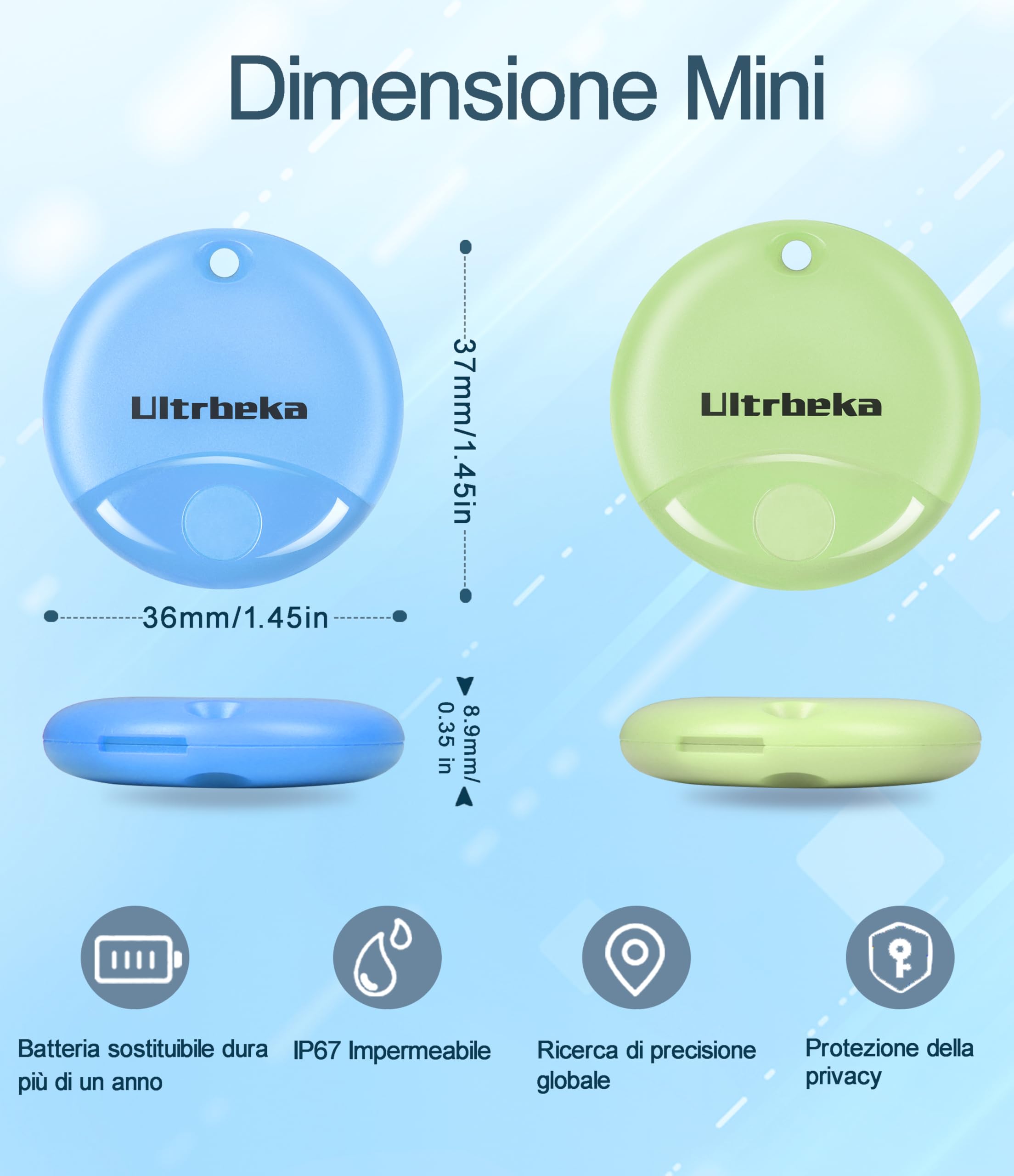 Ultrbeka Air Localizzatore, Tracker Tag 4 pezzi, Compatibile con Apple Dov'è (solo iOS), Trova Oggetti e Chiavi, Bagagli, Valigie, Impermeabile IP67, Batteria Sostituibile(Non supporta Android)