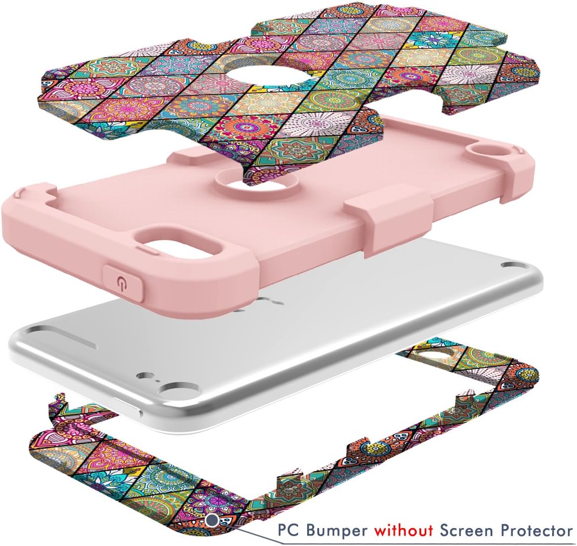 Hocase iPod Touch 7/6/5 Case, Shockproof Heavy Duty Hard Plastic Bumper+Soft Silicone Rubber Hybrid Dual Layer Protective Case for iPod Touch 7th/6th/5th Generation - Mandala Flowers/Rose Gold