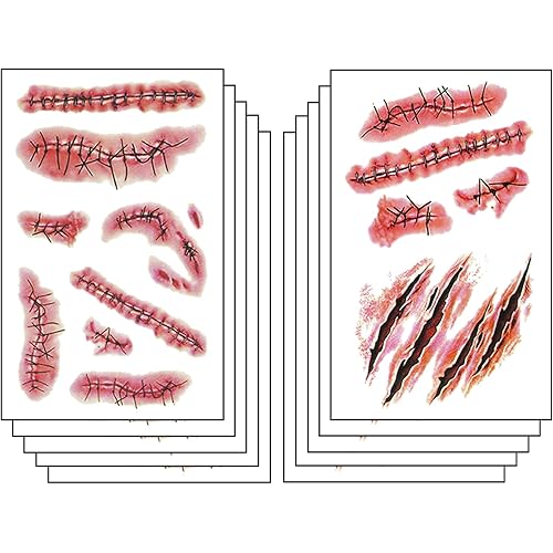 Halloween Temporary Tattoos 3D Body Face Realistic Fake Stitches Tattoo Sticker Waterproof for Chucky Costume Zombie Vampire Makeup Prank Props Cosplay Kids Adults