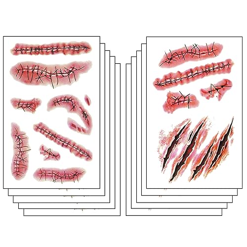 Tatuajes temporales de cara de Halloween, cicatriz corporal 3D, cara falsa realista, herida de sangre, puntada de tatuaje, pegatina impermeable de
