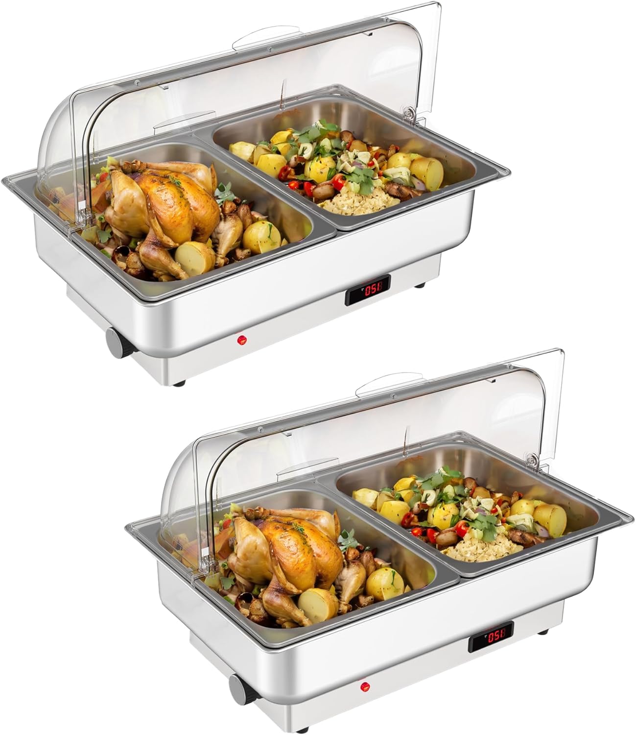 Rectangular Chafing Dish Electric Buffet Set with Temperature Control, 2 x 4.5QT Half-Size Stainless Steel Food Servers and Warmers with Transparent Lid for Catering Wedding and Parties