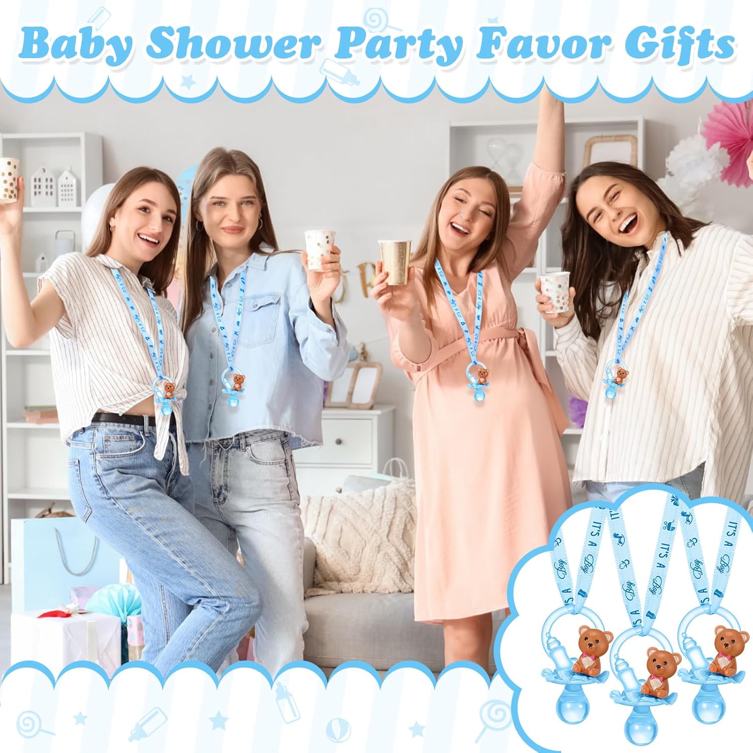 Coume 36 Pcs Shower Party Pacifiers Necklace Bear Bottle Acrylic Pacifiers Charm Pacifier Chain for Guests Gender Reveal Party Favors Prize Table Scatter(Cool,Blue)