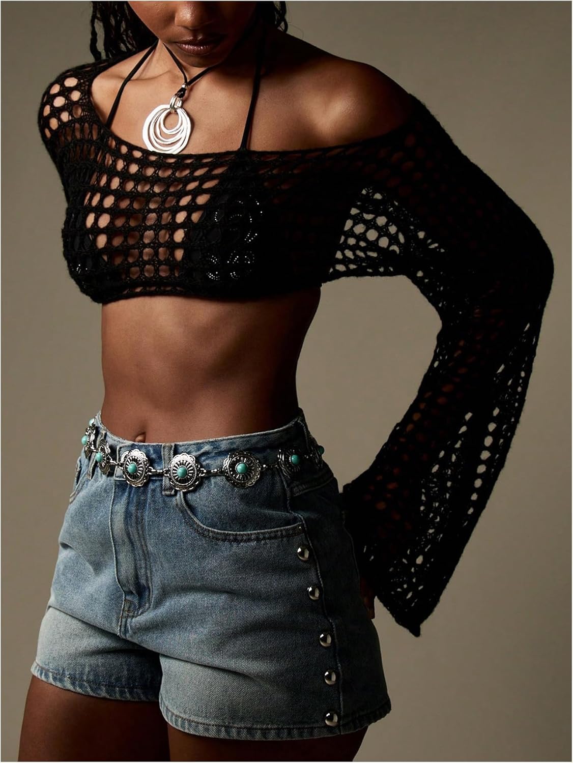 GORGLITTER Women's Crochet Cover Up Top Y2K Hollow Out See Through Crop Bolero Shrug Summer Outfits 2026 Black Small - Image 2