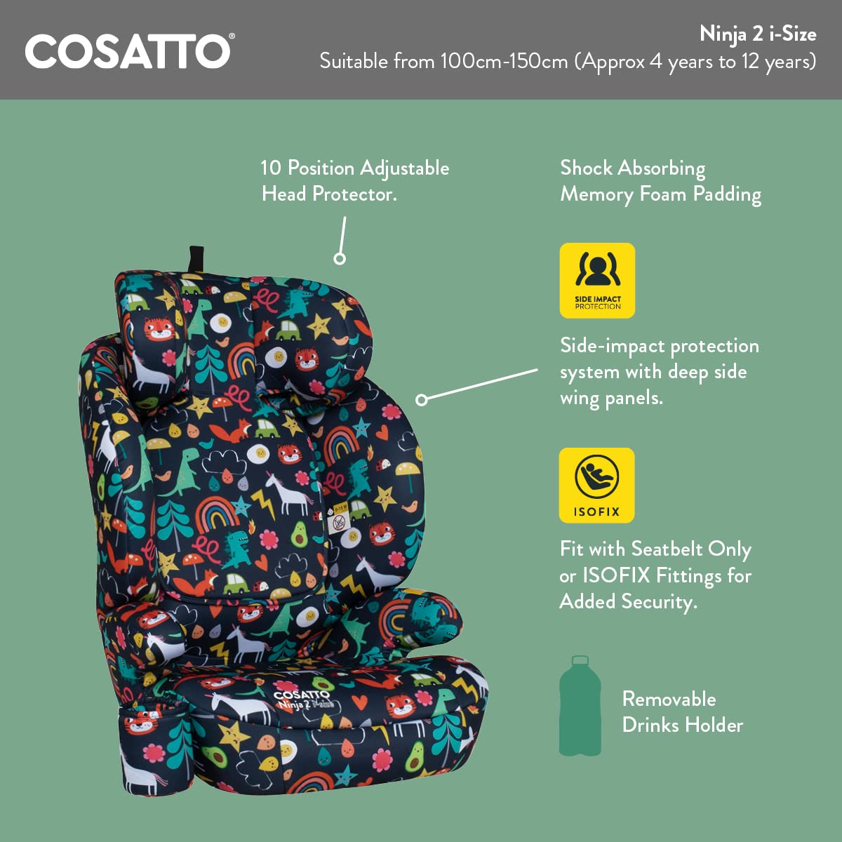 Seggiolino Auto Cosatto Ninja 2 iSize - Da 100-150 cm, Seggiolino R129 con Schienale Alto, Poggiatesta a 10 Posizioni, Cintura di Sicurezza Facile da Installare o Fissaggio ISOFIX, Contromarcia