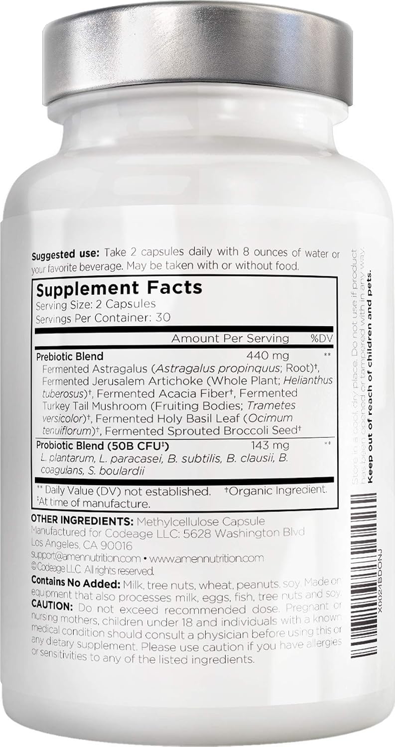 Amen Probiotics Supplement, SBO Probiotic and Organic Prebiotics, 50 Billion CFUs, Shelf Stable, No Refrigeration Required, Flora Daily Probiotic Formula for Women & Men, Vegan & Non-GMO