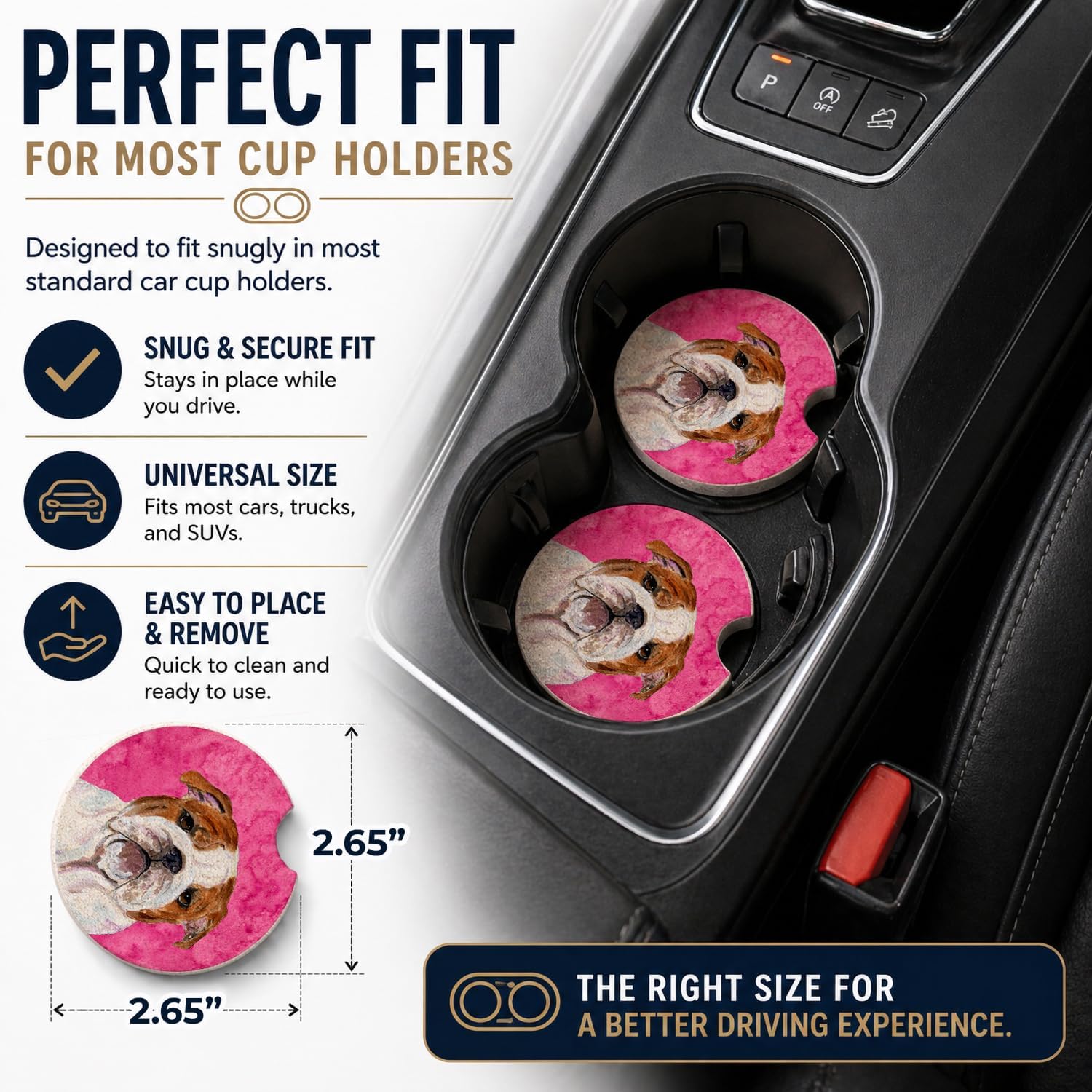Caroline's Treasures SS4760-PKCARC Pink English Bulldog Set of 2 Cup Holder Car Coasters Absorbent Sandstone Coasters for Car Cup Holders Gifts for Men or Women, Large, Multicolor image 2