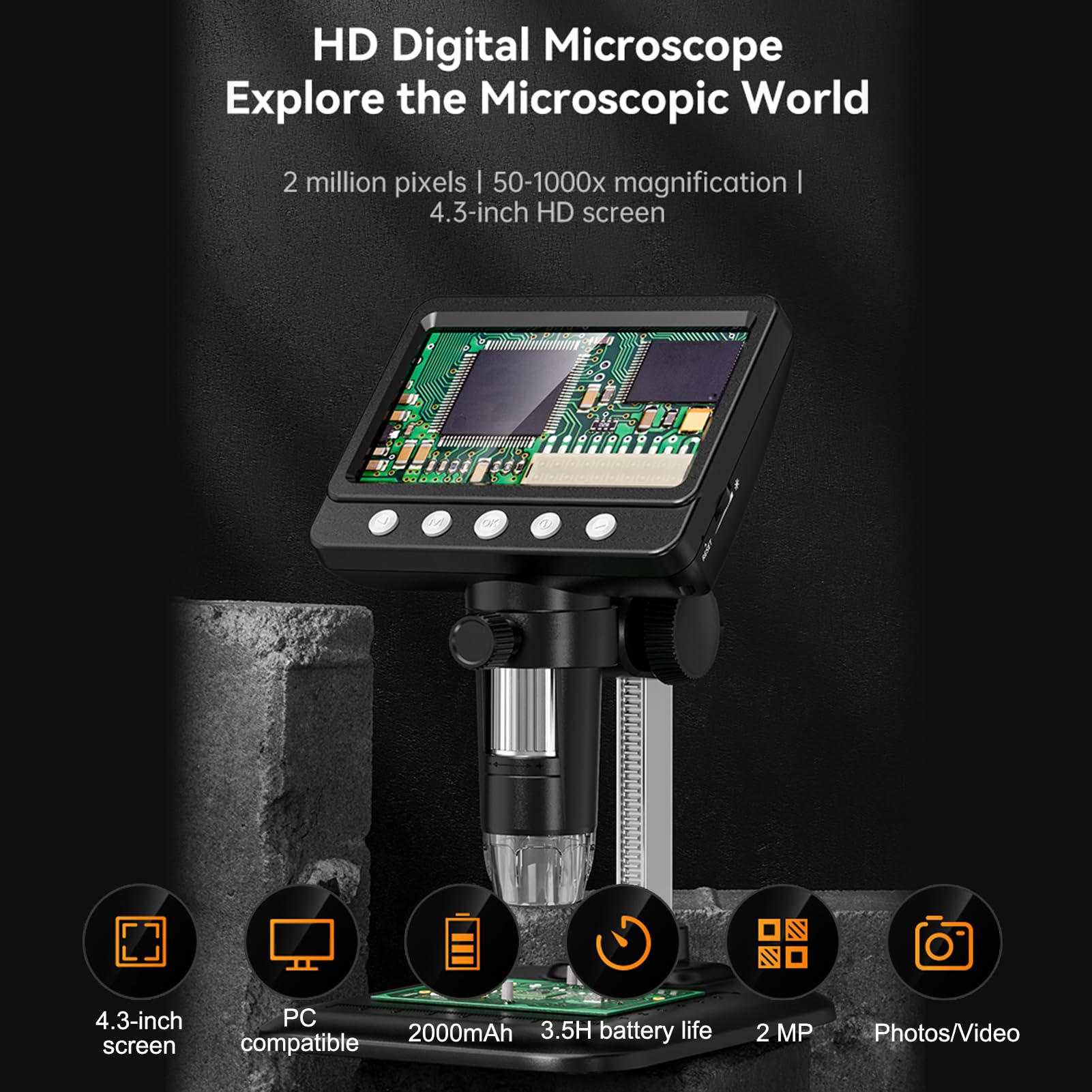 Aoresac Digitales Mikroskop mit IPS-HD-Bildschirm, 1000-facher Vergrößerung Zur Inspektion, USB-Münzlupe (369)