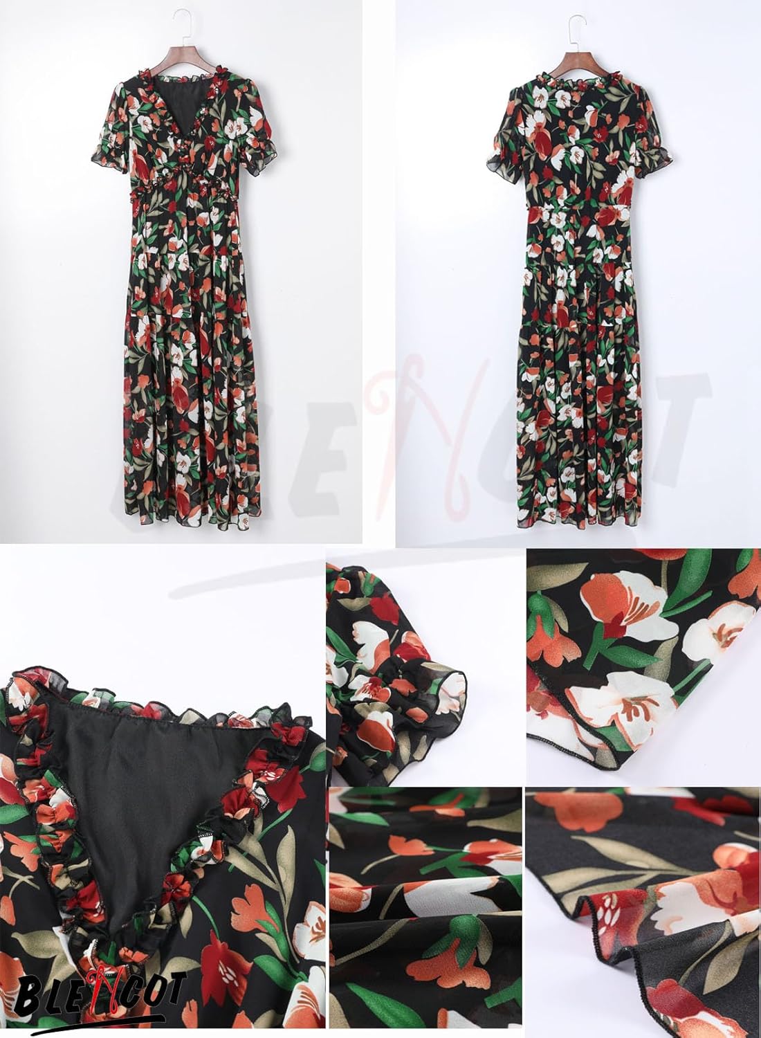 BLENCOT Womens Casual Boho Floral Printed V Neck Short Sleeve Long Evening Dress Ruched Cocktail Party Maxi Wedding Dress - Image 2