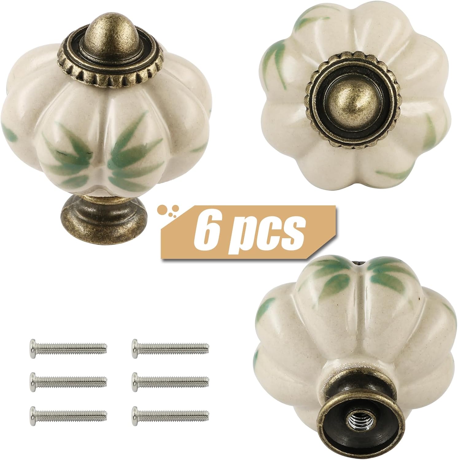 Ivory Pumpkin Knobs 6 Pack Ceramic Cabinet Knobs Vintage Drawer Pulls - Antique Dresser Pulls with Screws - Bamboo Leaves