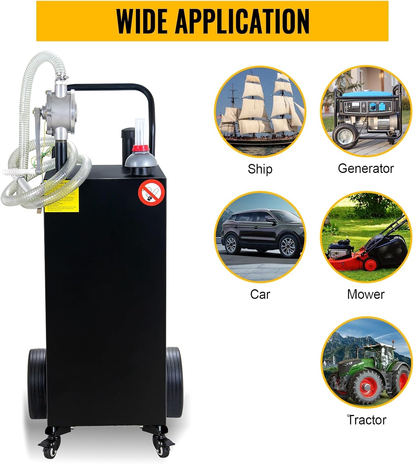 30 Gallon Portable Gas Caddy, Large Gasoline Diesel Can with Pump Rolling and Solid Rubber Wheels for Cars, ATV, Boats, Motorcycle, Black