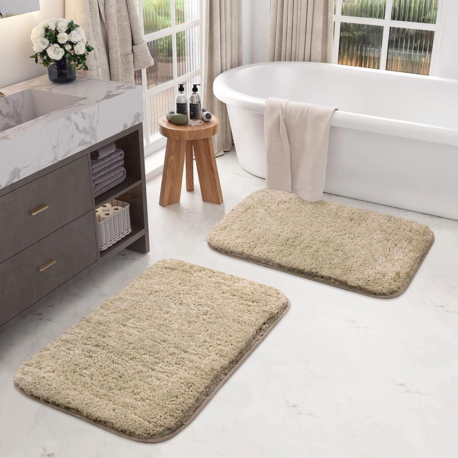LUXE HOME INTERNATIONAL Microfiber Rectangular Home Bath Mat Super Soft Non Slip Vegas Mats for Bathroom, Kitchen, Bedroom, and Door (40X60 Cm, Beige) Pack of 2