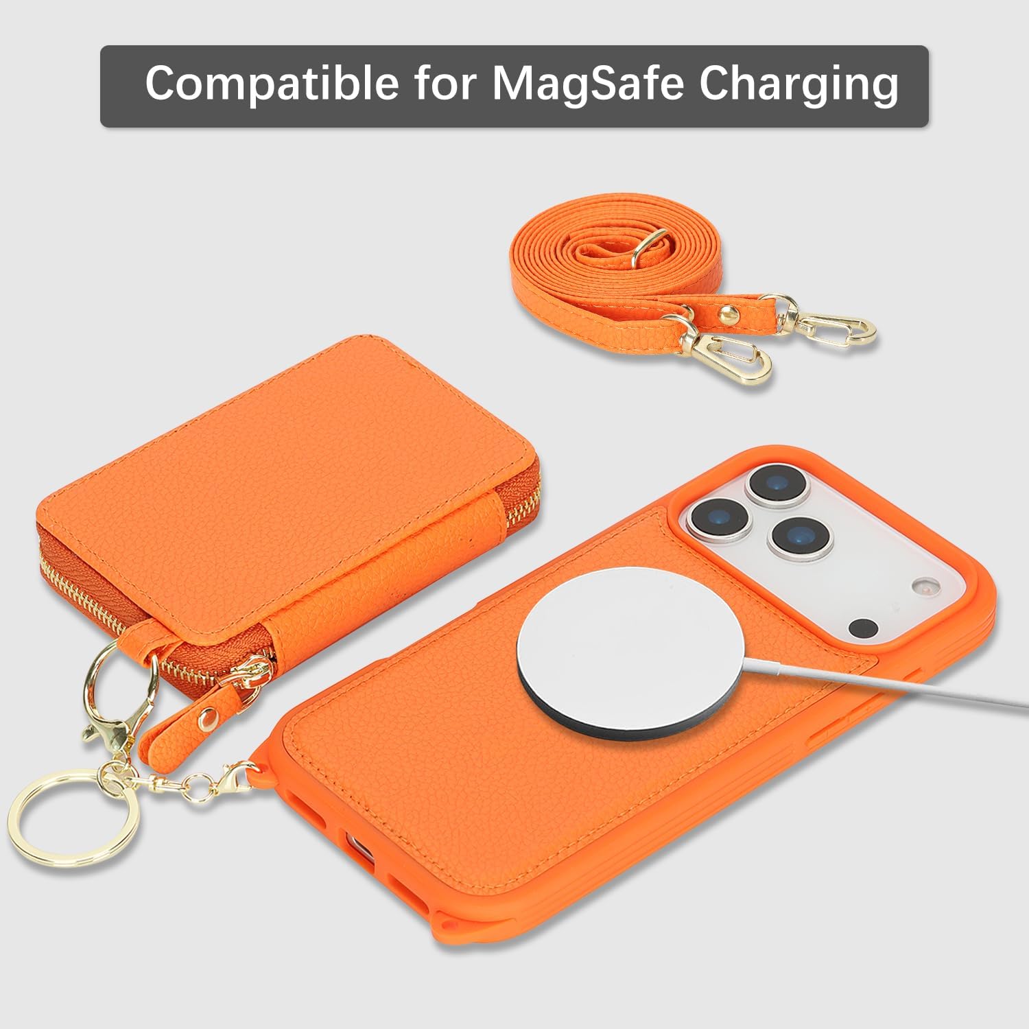 Cavor for iPhone 17 Pro Max Wallet Case with Card Holder for Women Men, for iPhone 17 Pro Max Case with Strap, Crossbody Lanyard Phone Case, Magnetic Detachable Compatible with Magsafe-Orange