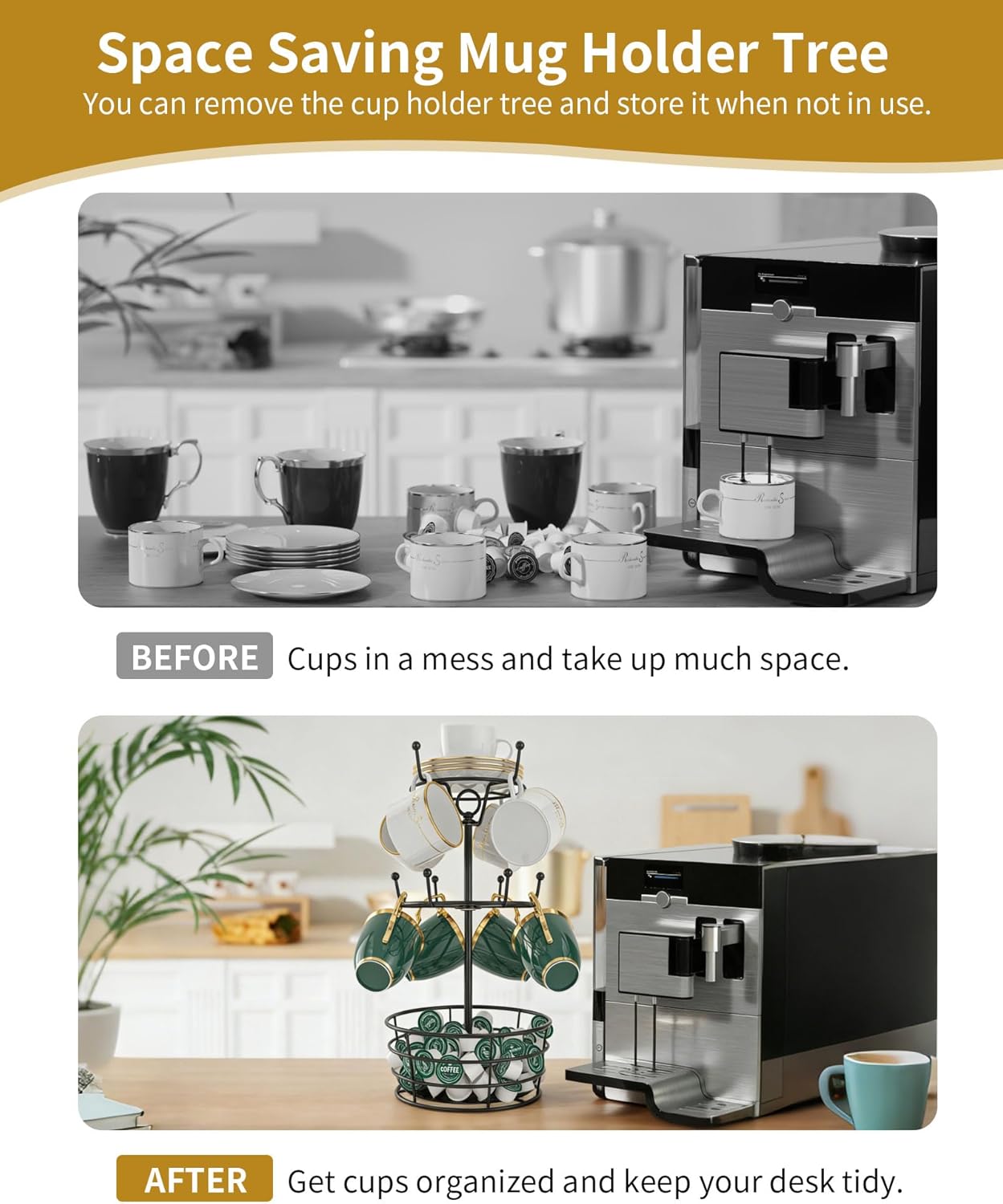 Mug Holder Tree, Coffee Cup Holder for Countertop, 360° Rotating Metal Coffee Mug Rack with 10 Hooks, 3 Tier Cup Rack Bar Station Organizer, Kitchen Counter Decor