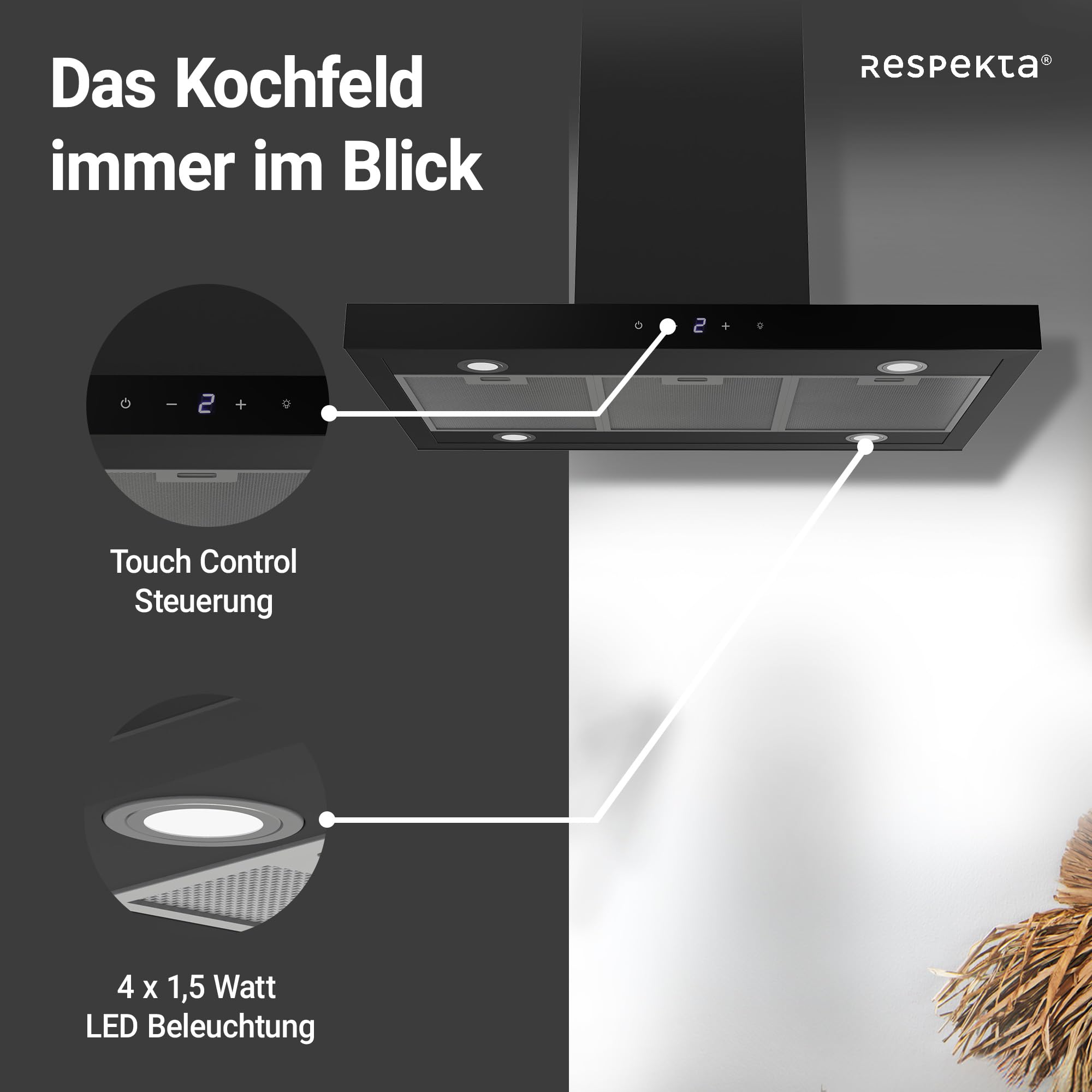 Respekta Cara Inselhaube 90 cm Schwarz-Matt Glasfront Touch Control 9 Leistungsstufen A+