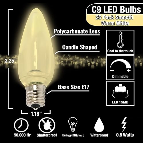 Miniatura 2 de C9 - Bombillas LED de repuesto para Navidad, color blanco cálido suave, forma de vela, grado comercial, E17