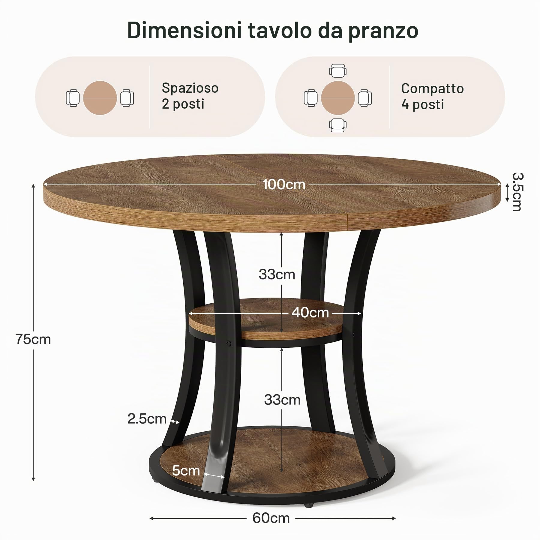 Tribesigns Tavolo da pranzo rotondo da 100 cm per 4 persone, tavolo da cucina con scaffale a 2 livelli, salvaspazio, stile rustico per sala da pranzo e piccoli spazi (solo tavolo)