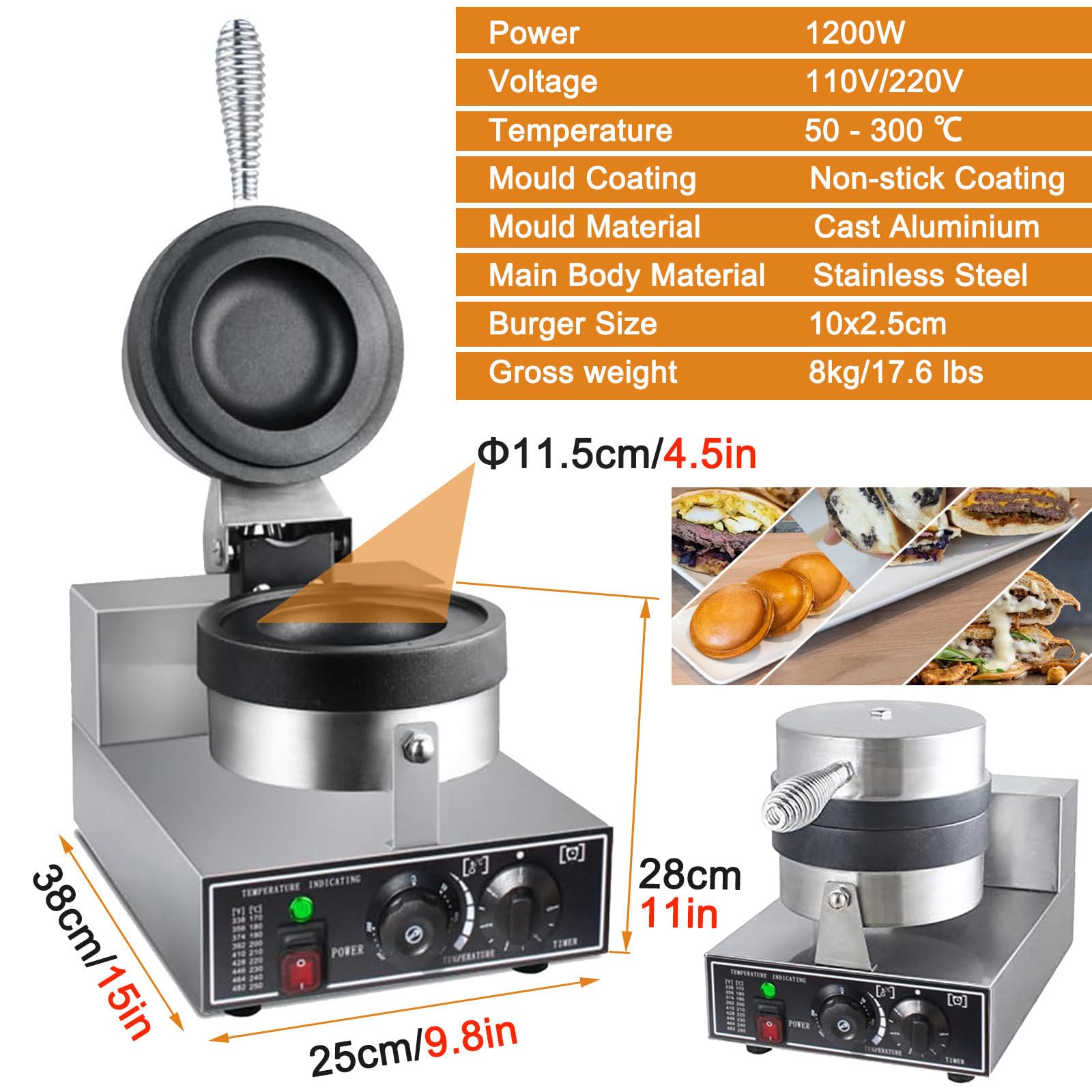 Hamburger Waffle Maker Sandwich Press per uso domestico commerciale, Burger Maker Mold Ice Cream Burger Machine Antiaderente 1200W, 110V